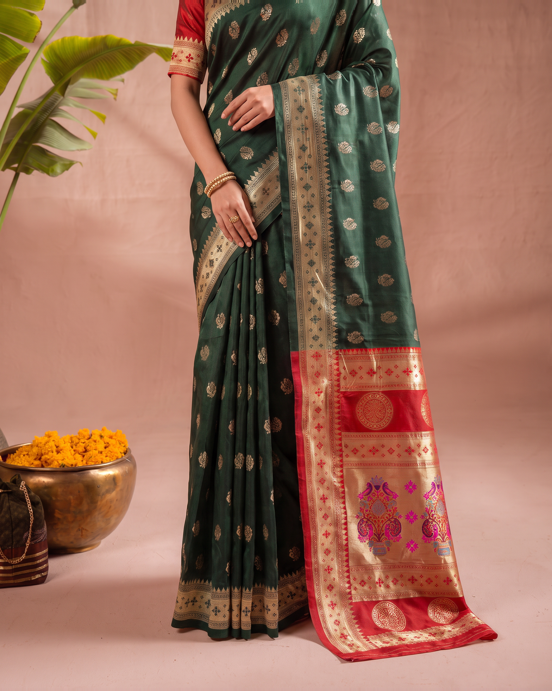 Aarohi Contrast Pallu Paithani Silk Saree - Dark Green - lower closeup