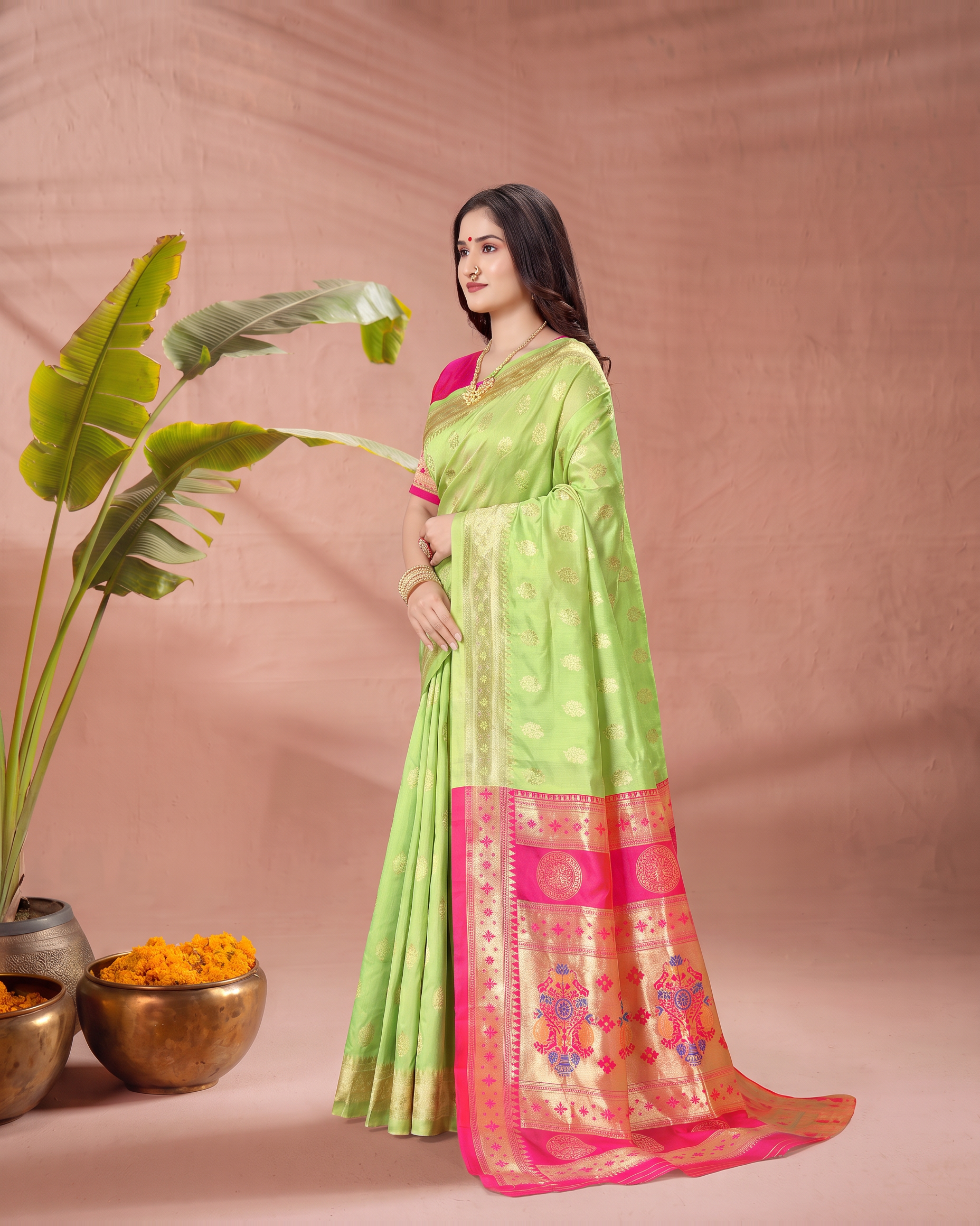 Aarohi Contrast Pallu Paithani Silk Saree - Light Green - side drape