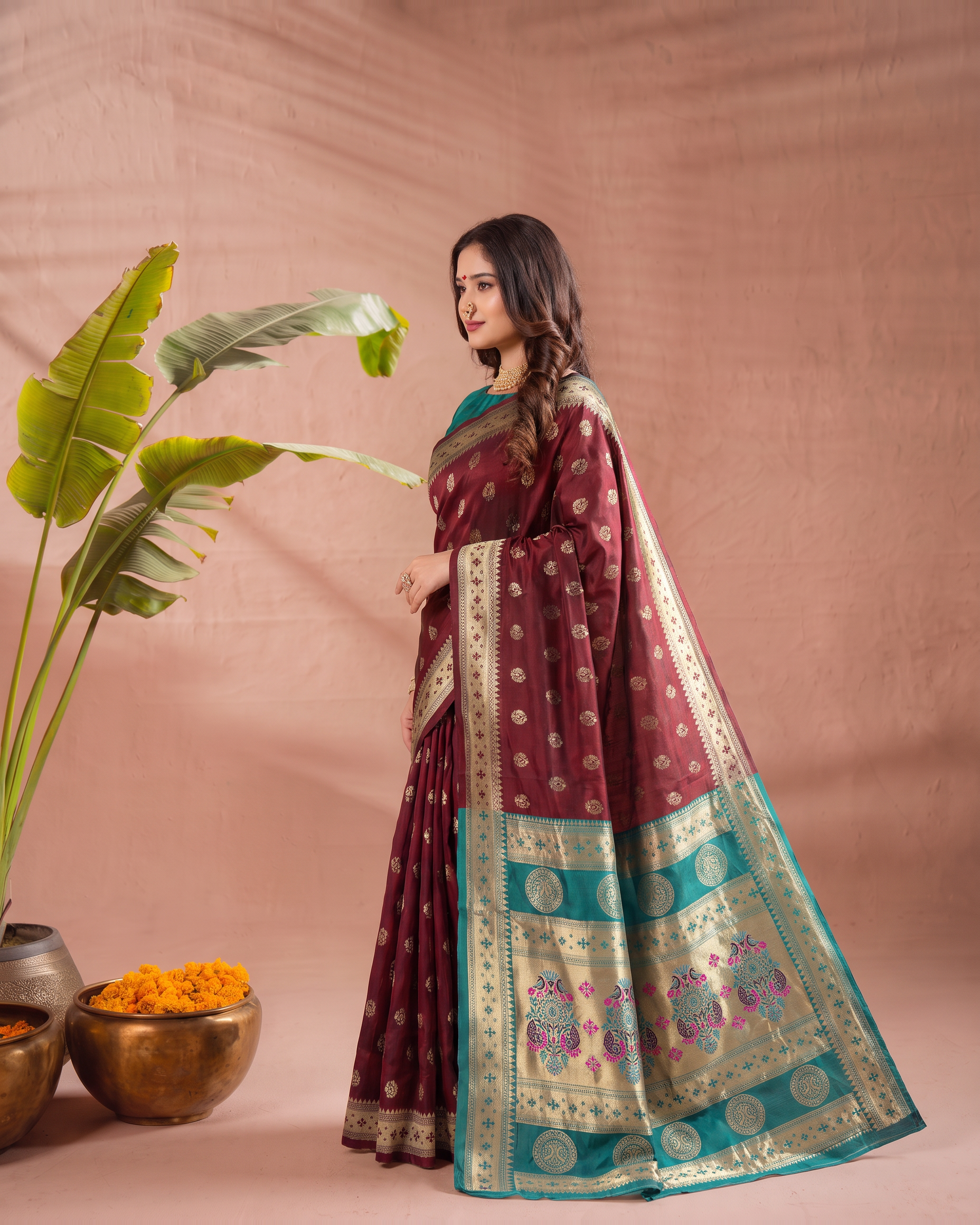 Aarohi Contrast Pallu Paithani Silk Saree - Maroon - side drape