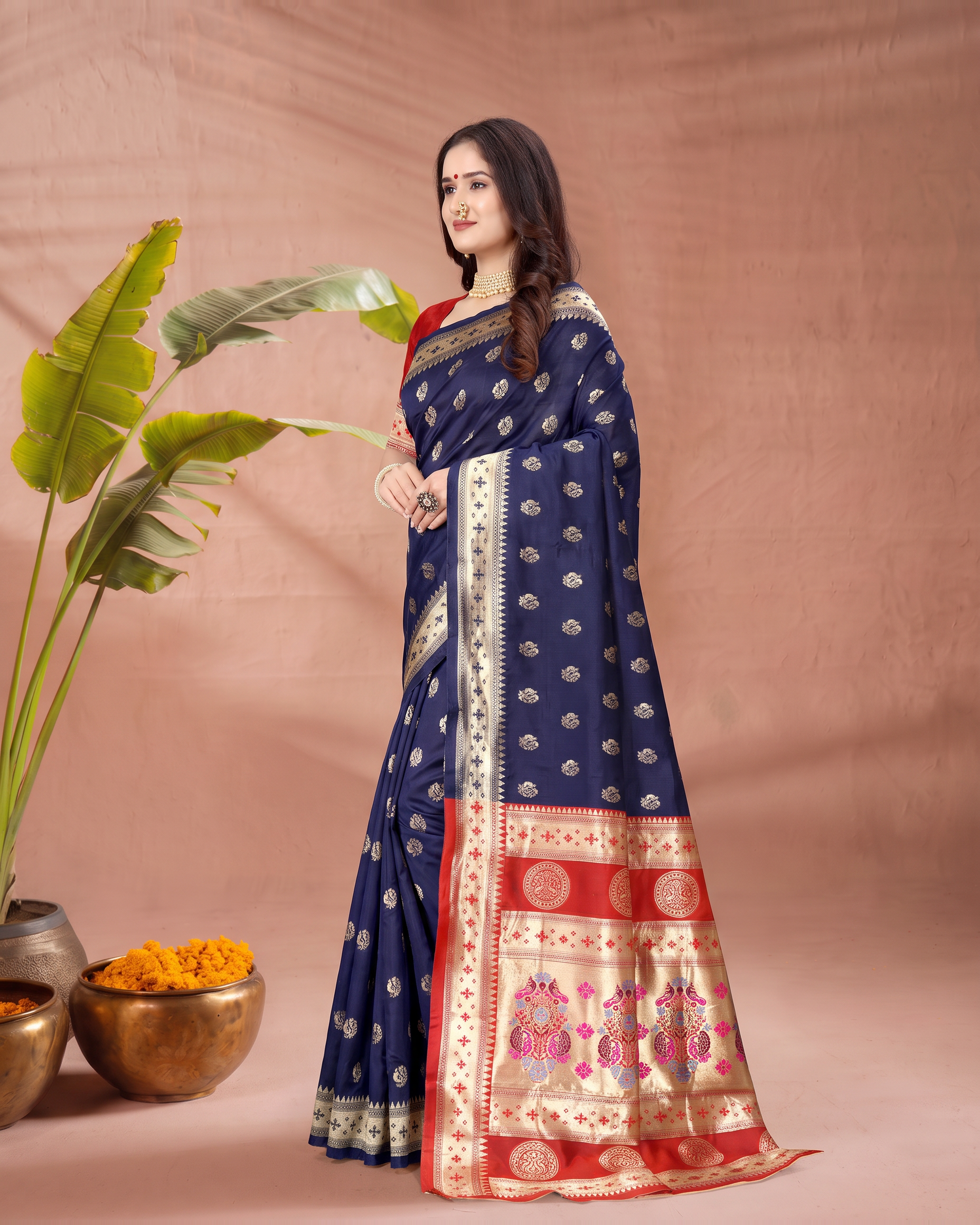 Aarohi Contrast Pallu Paithani Silk Saree - Navy Blue - side drape