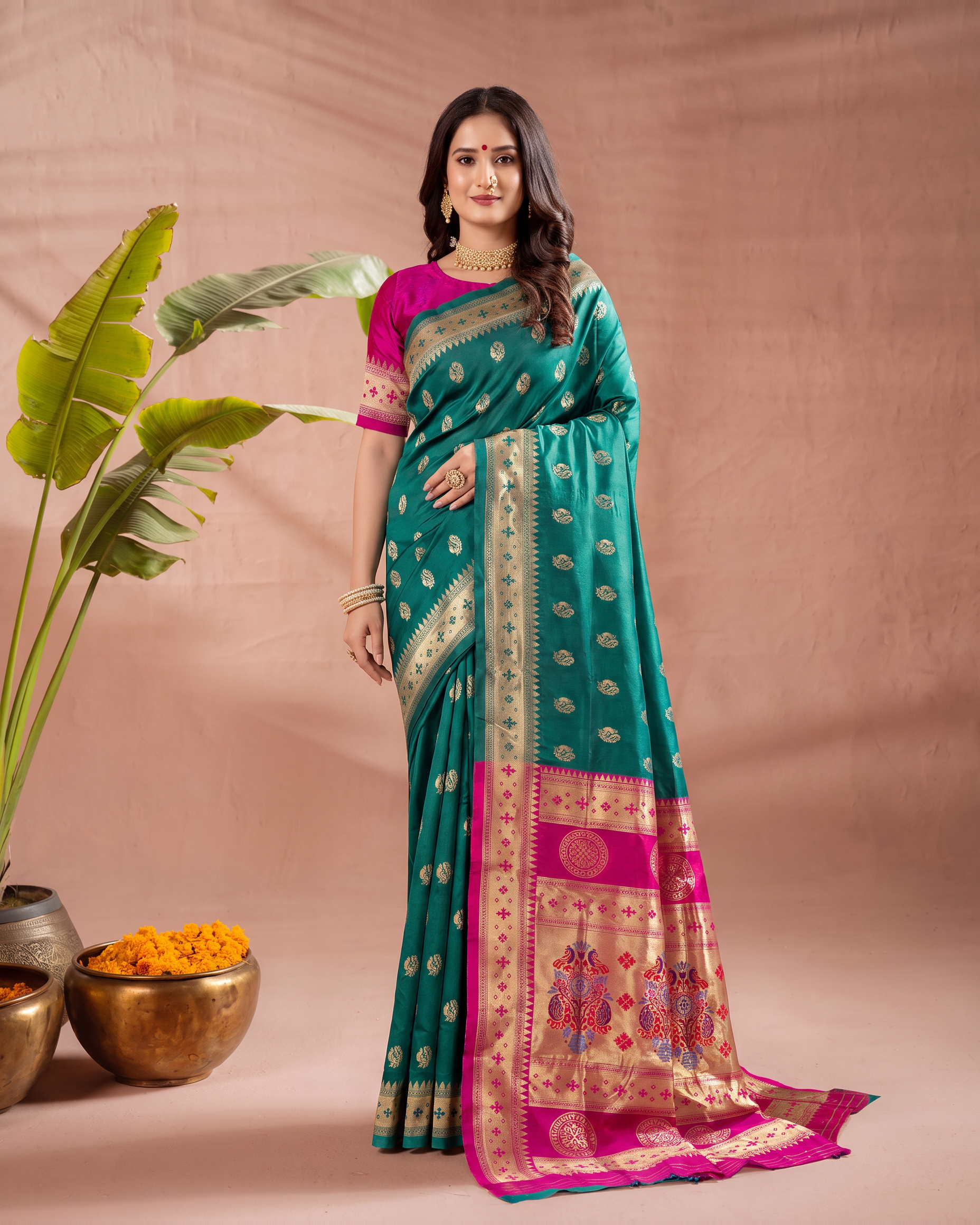 Aarohi Contrast Pallu Paithani Silk Saree - Rama Green - full saree hero