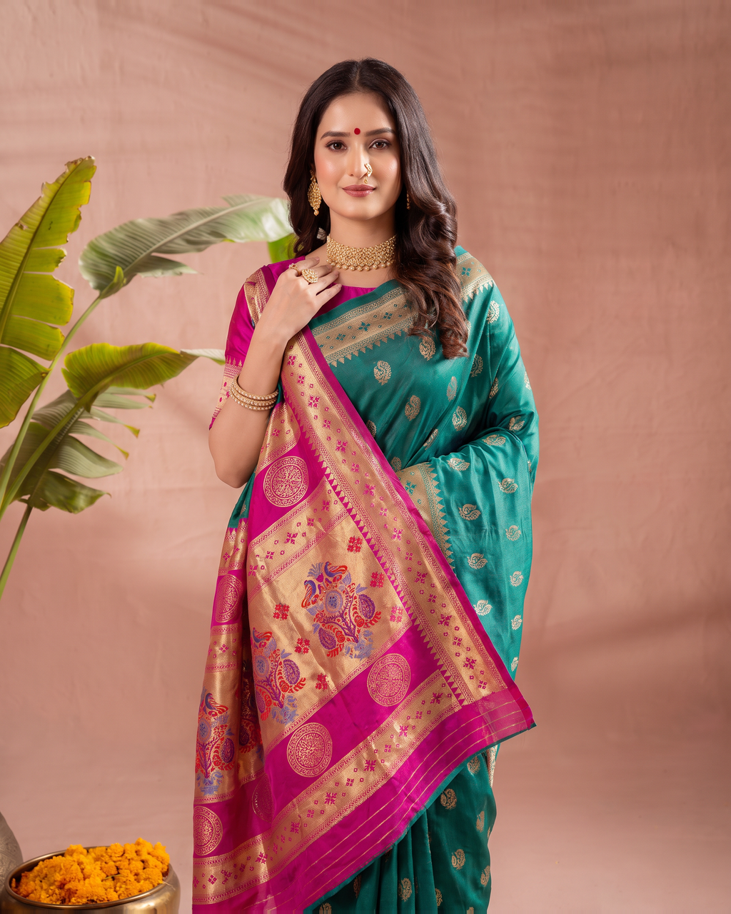 Aarohi Contrast Pallu Paithani Silk Saree - Rama Green - upper closeup