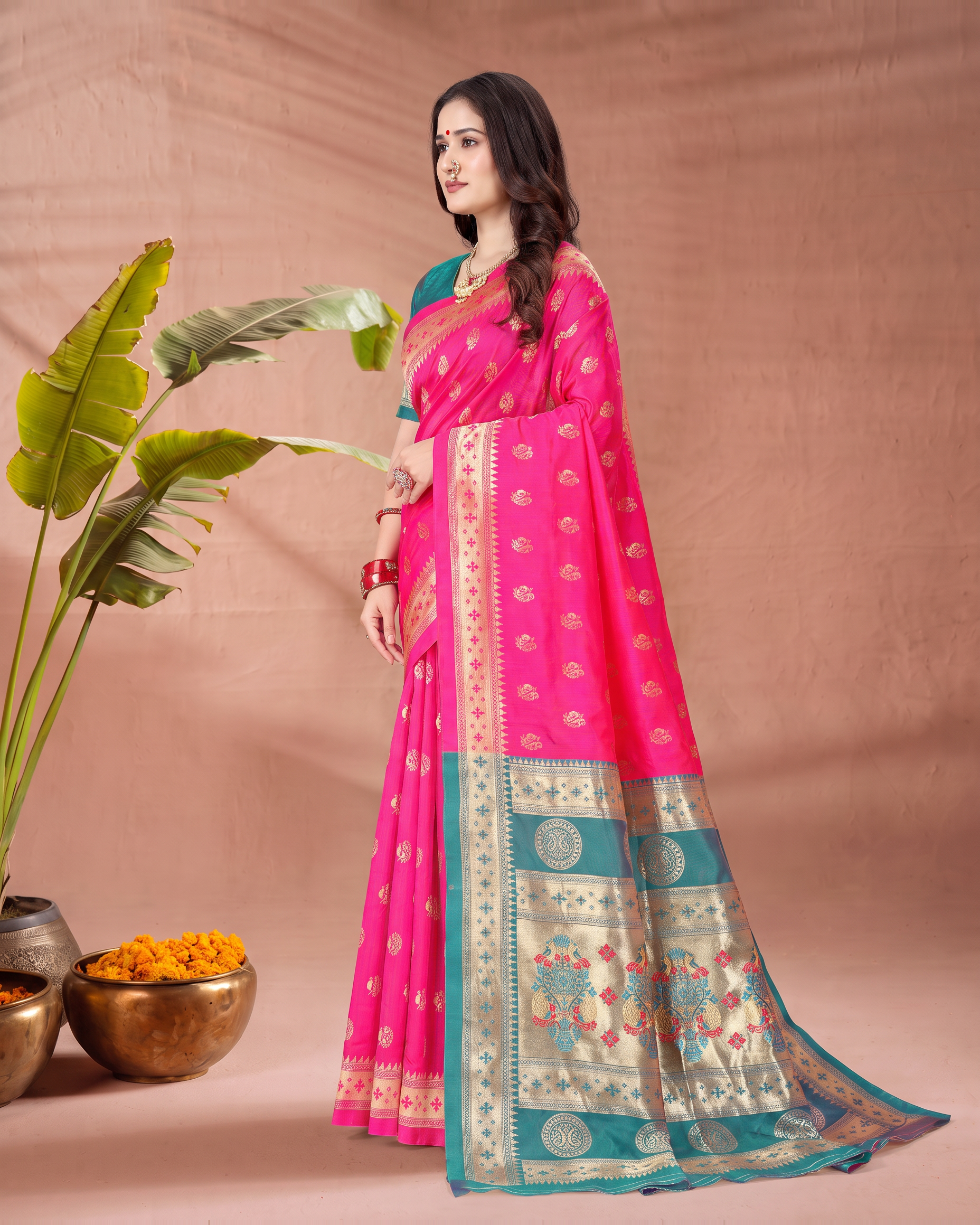 Aarohi Contrast Pallu Paithani Silk Saree - Rani Pink - side drape