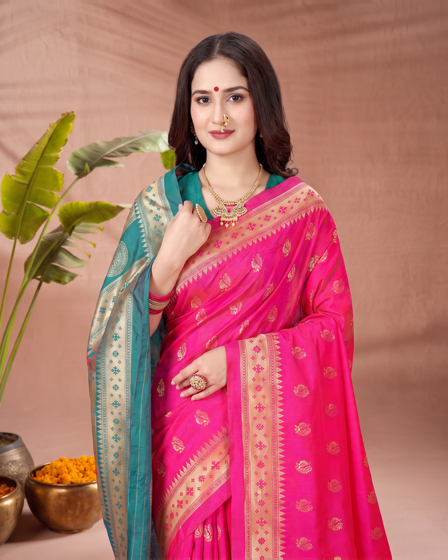 Aarohi Contrast Pallu Paithani Silk Saree - Rani Pink - upper closeup