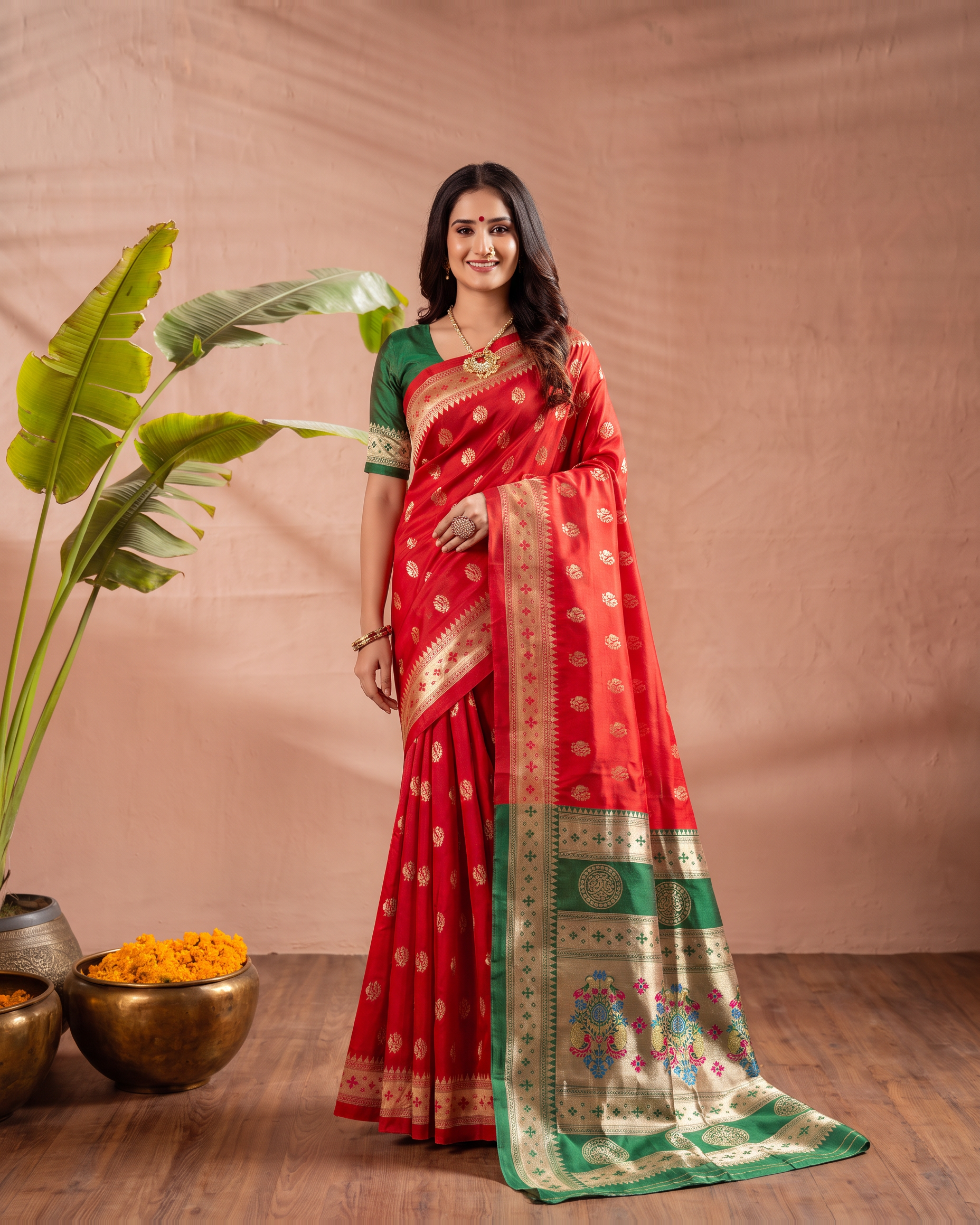Aarohi Contrast Pallu Paithani Silk Saree - Red - full saree hero
