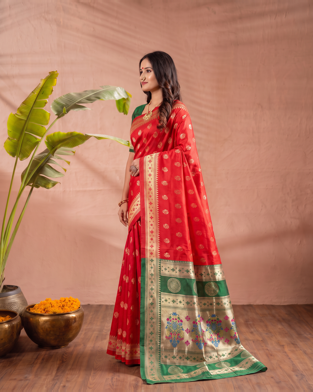 Aarohi Contrast Pallu Paithani Silk Saree - Red - side drape