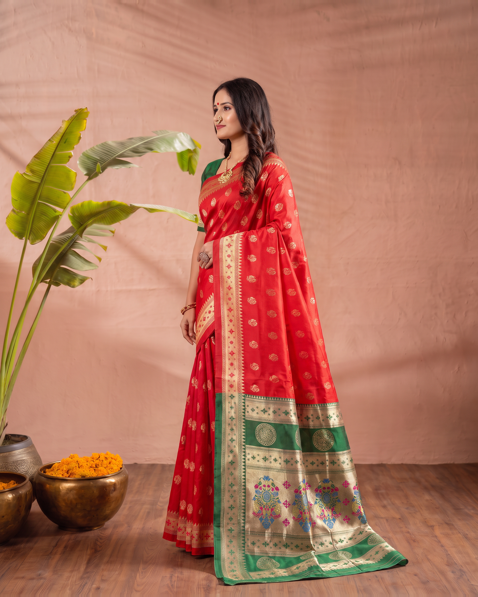 Aarohi Contrast Pallu Paithani Silk Saree - Red - side drape