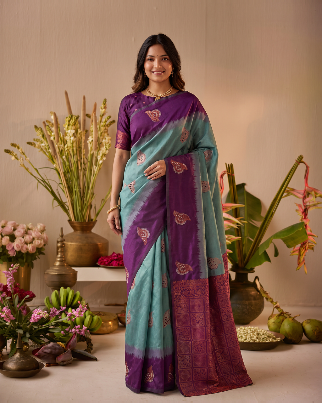Amethyst Sea Green Silk Saree with Lotus Motifs - full saree hero