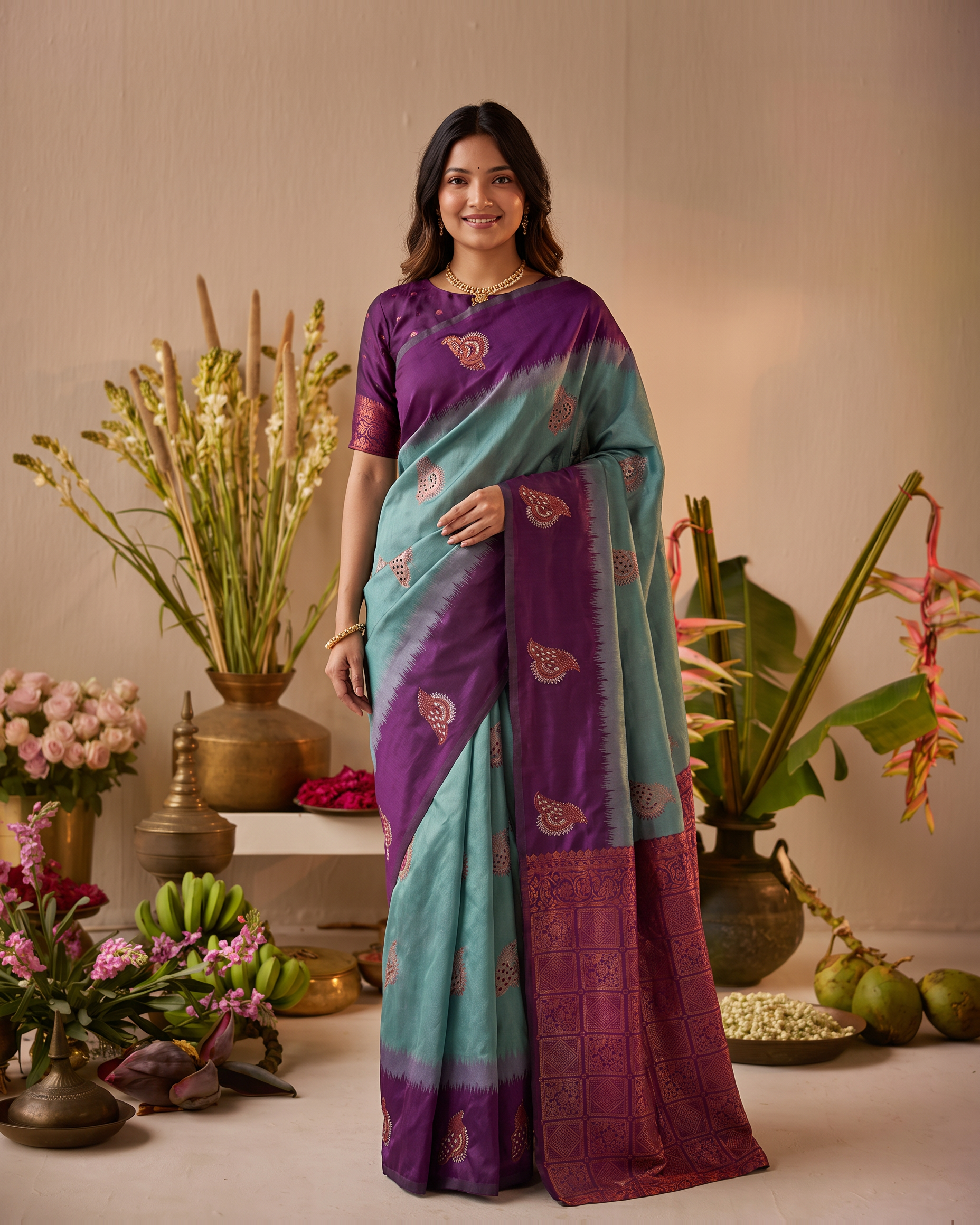 Amethyst Sea Green Silk Saree with Lotus Motifs - full saree hero