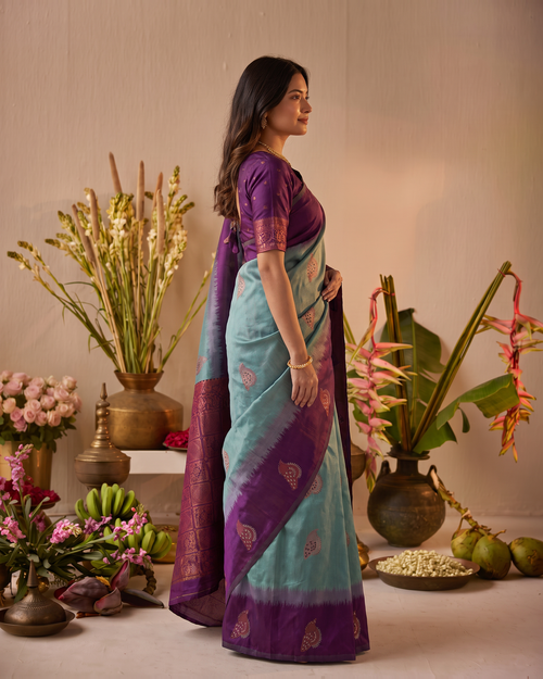 Amethyst Sea Green Silk Saree with Lotus Motifs - side drape