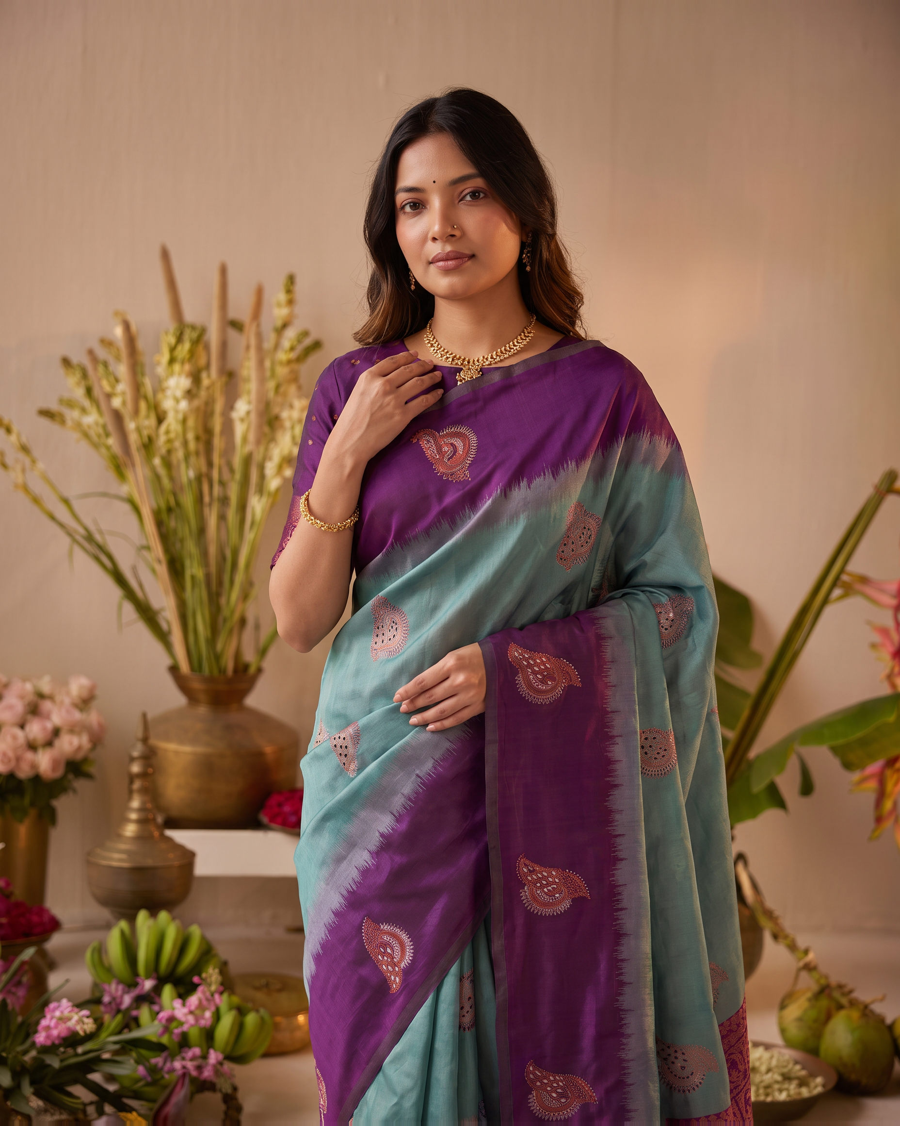 Amethyst Sea Green Silk Saree with Lotus Motifs - upper closeup