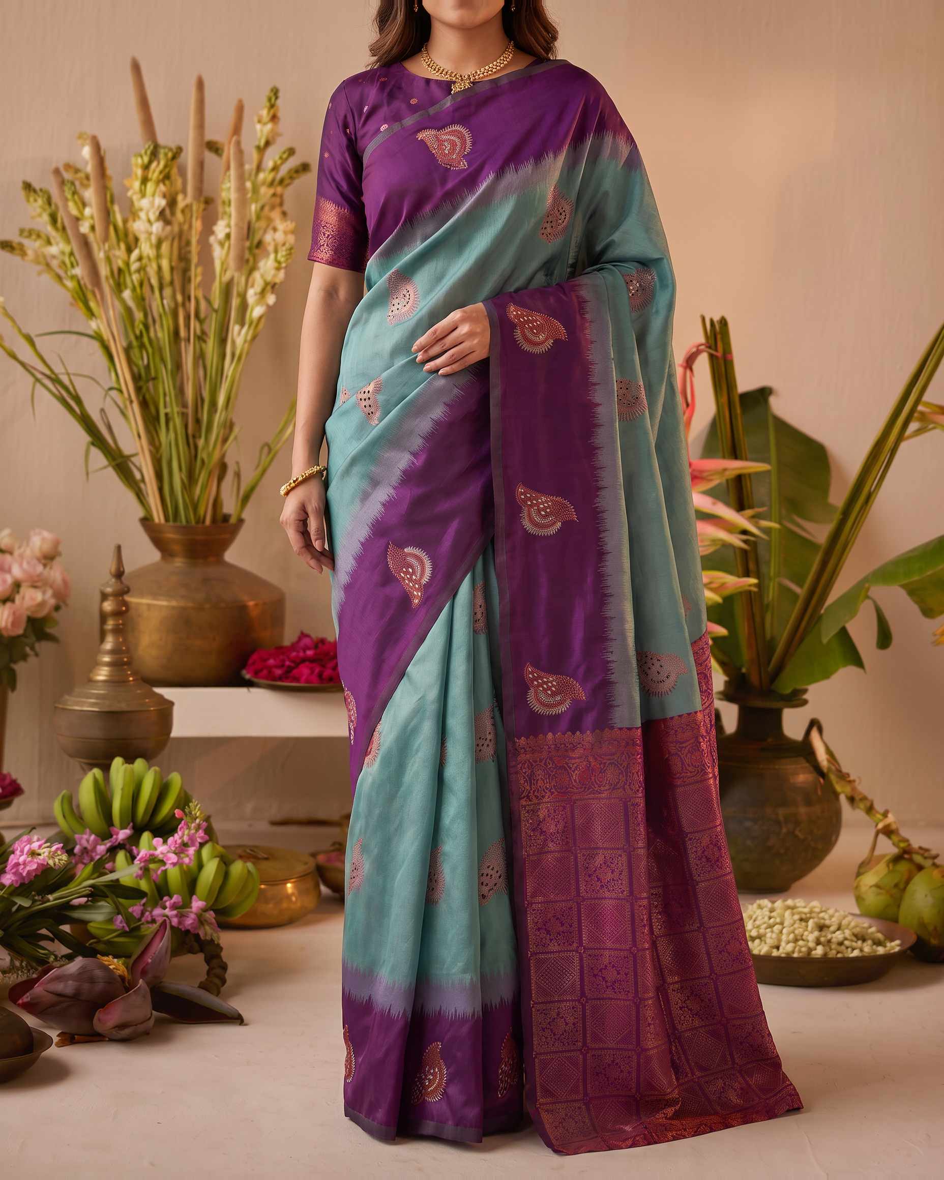Amethyst Sea Green Silk Saree with Lotus Motifs - lower closeup