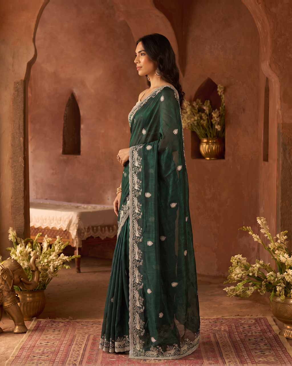 Sudeeksha Delicate Butti Festive Saree with Embroidered Edge - Green - side