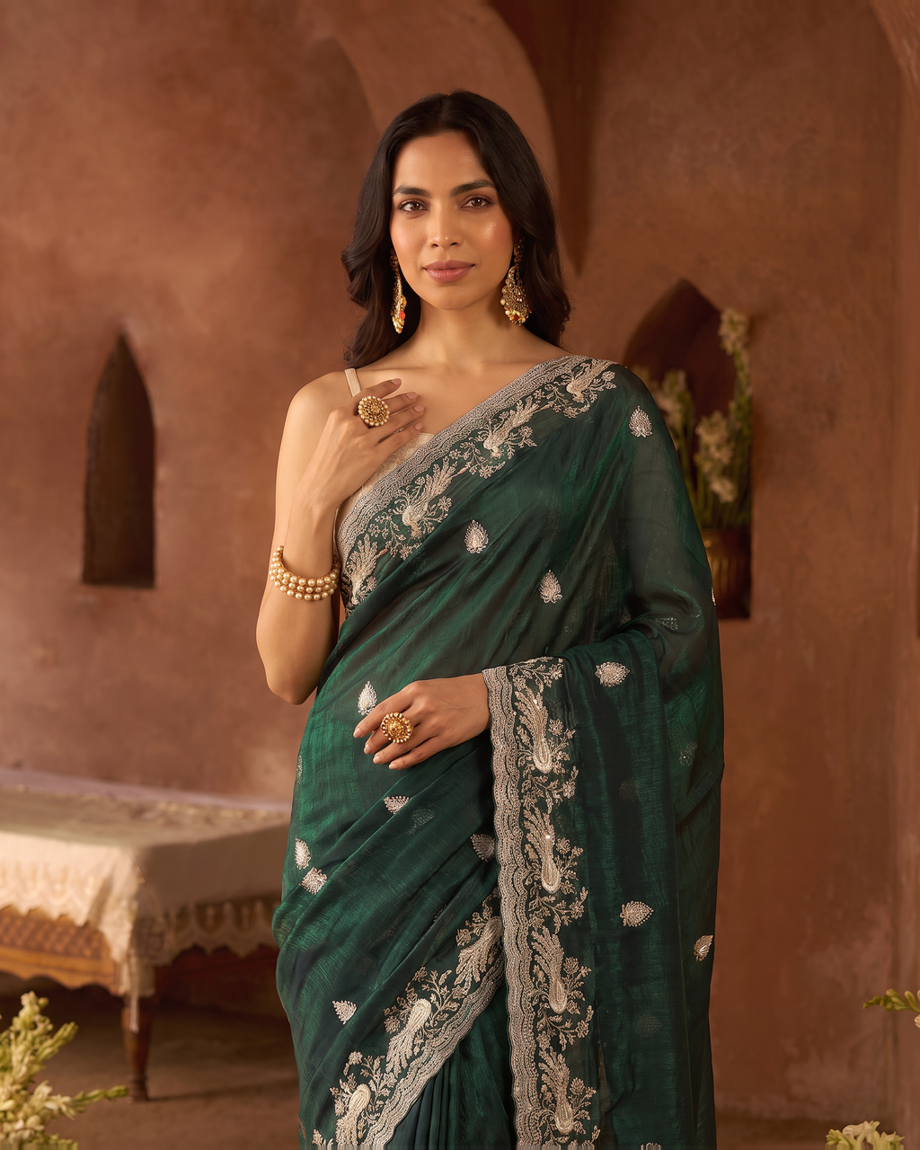Sudeeksha Delicate Butti Festive Saree with Embroidered Edge - Green - upper closeup