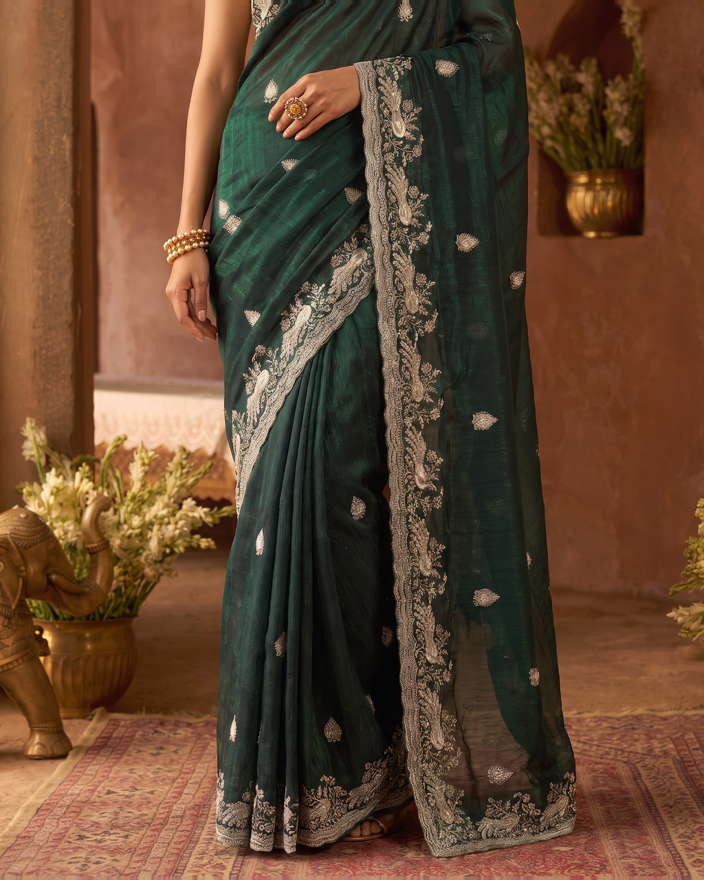 Sudeeksha Delicate Butti Festive Saree with Embroidered Edge - Green - lower closeup