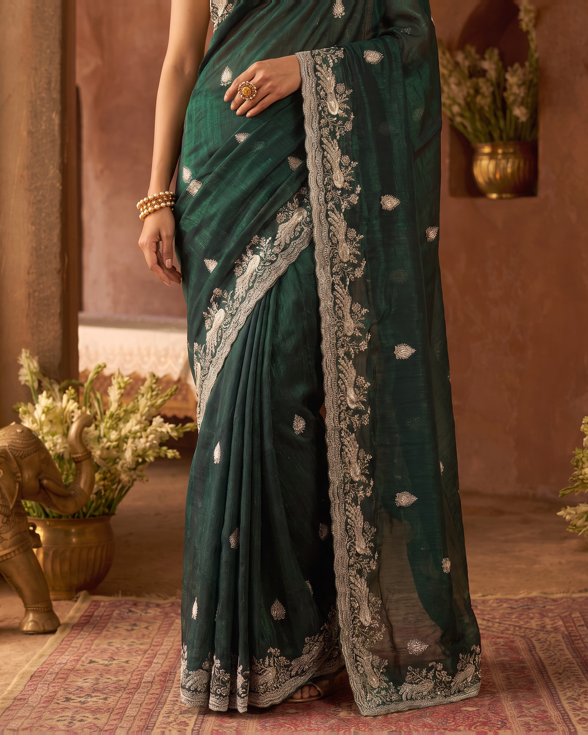 Sudeeksha Delicate Butti Festive Saree with Embroidered Edge - Green - lower closeup
