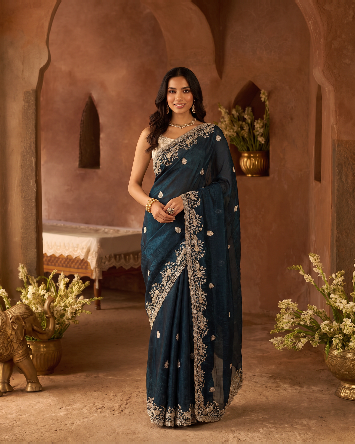 Sudeeksha Delicate Butti Festive Saree with Embroidered Edge - Teal - full saree hero