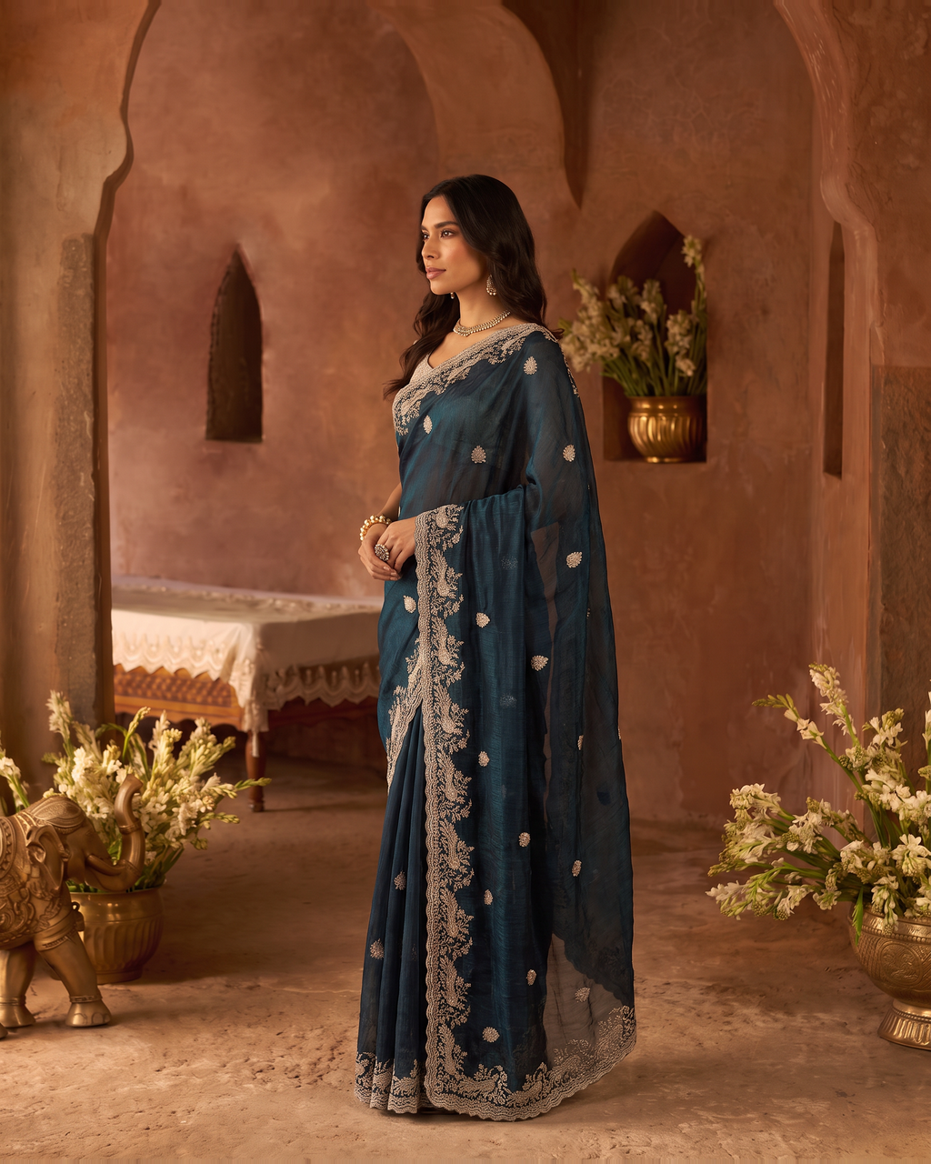 Sudeeksha Delicate Butti Festive Saree with Embroidered Edge - Teal - side