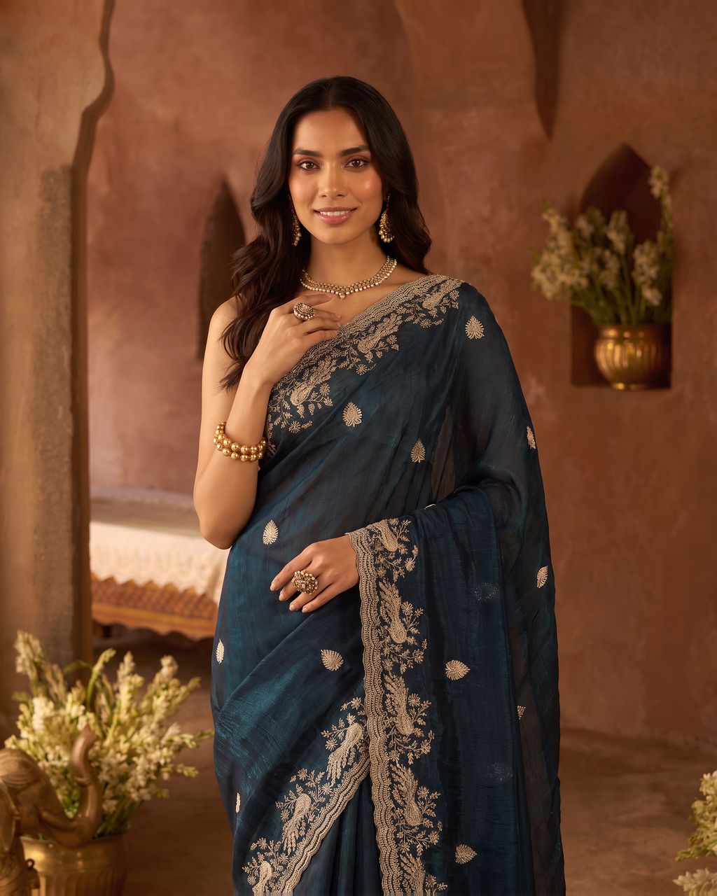 Sudeeksha Delicate Butti Festive Saree with Embroidered Edge - Teal - upper closeup