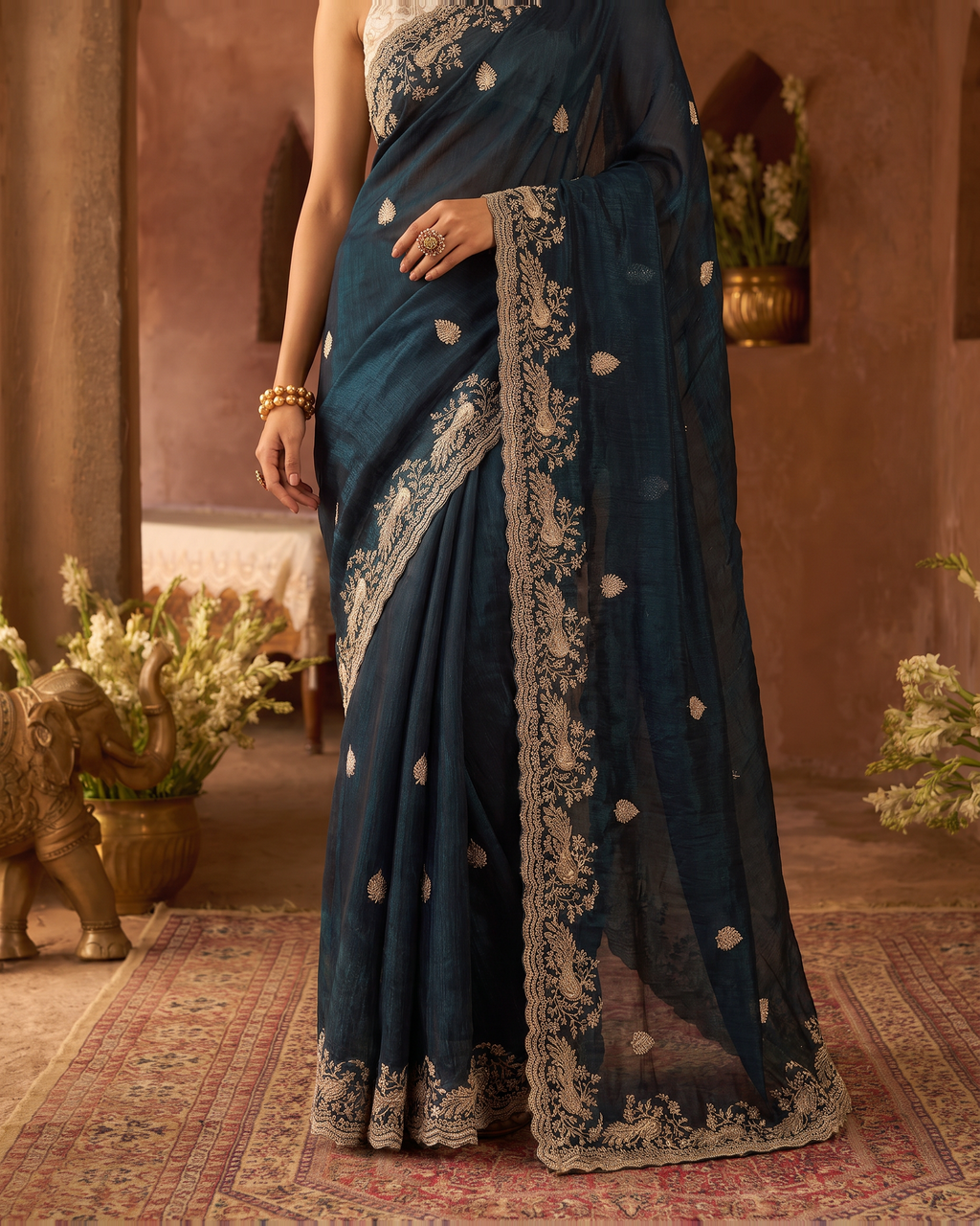 Sudeeksha Delicate Butti Festive Saree with Embroidered Edge - Teal - lower closeup