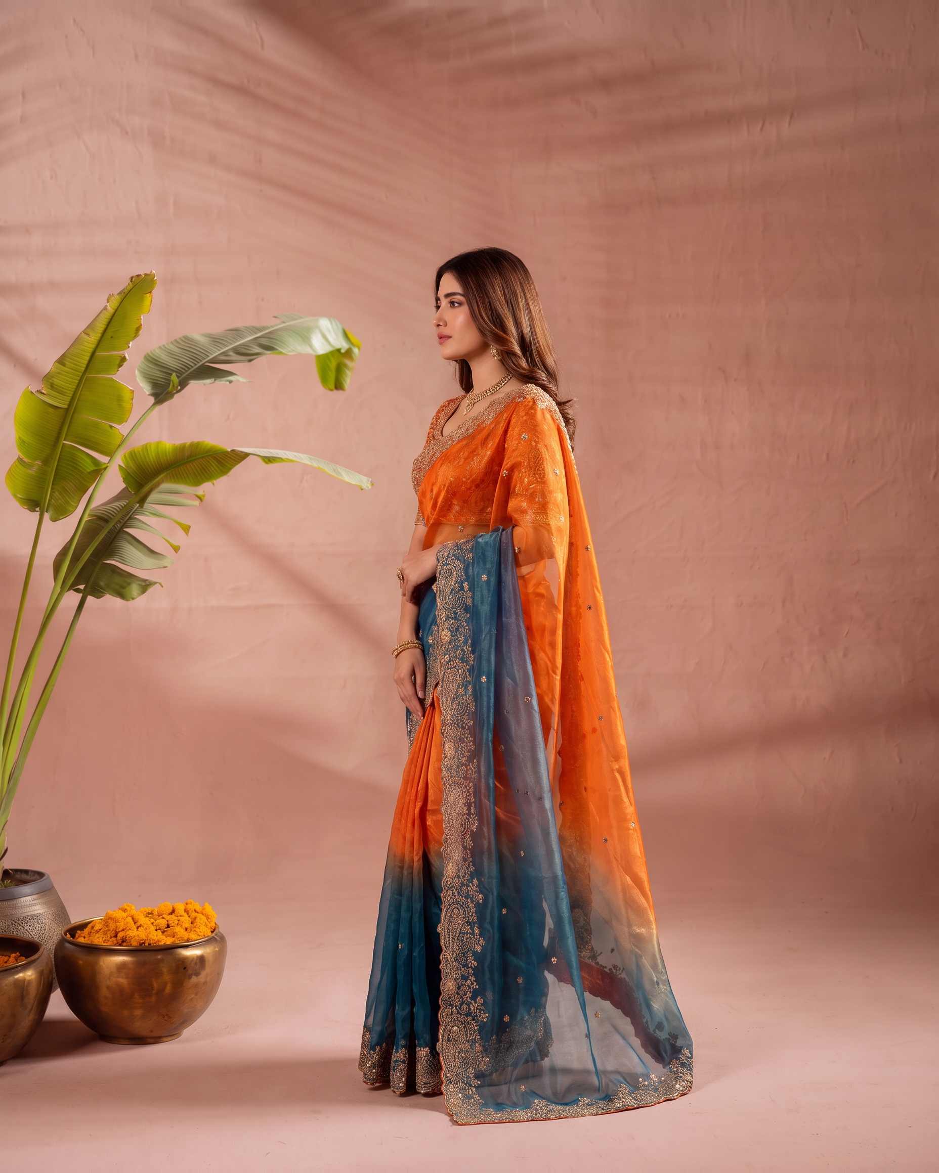 Anaya Mango Pallu Festive Saree with Grand Designer Border - Orange Teal - side