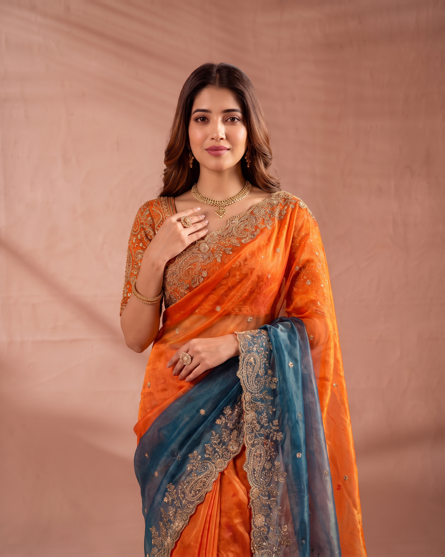 Anaya Mango Pallu Festive Saree with Grand Designer Border - Orange Teal - upper closeup