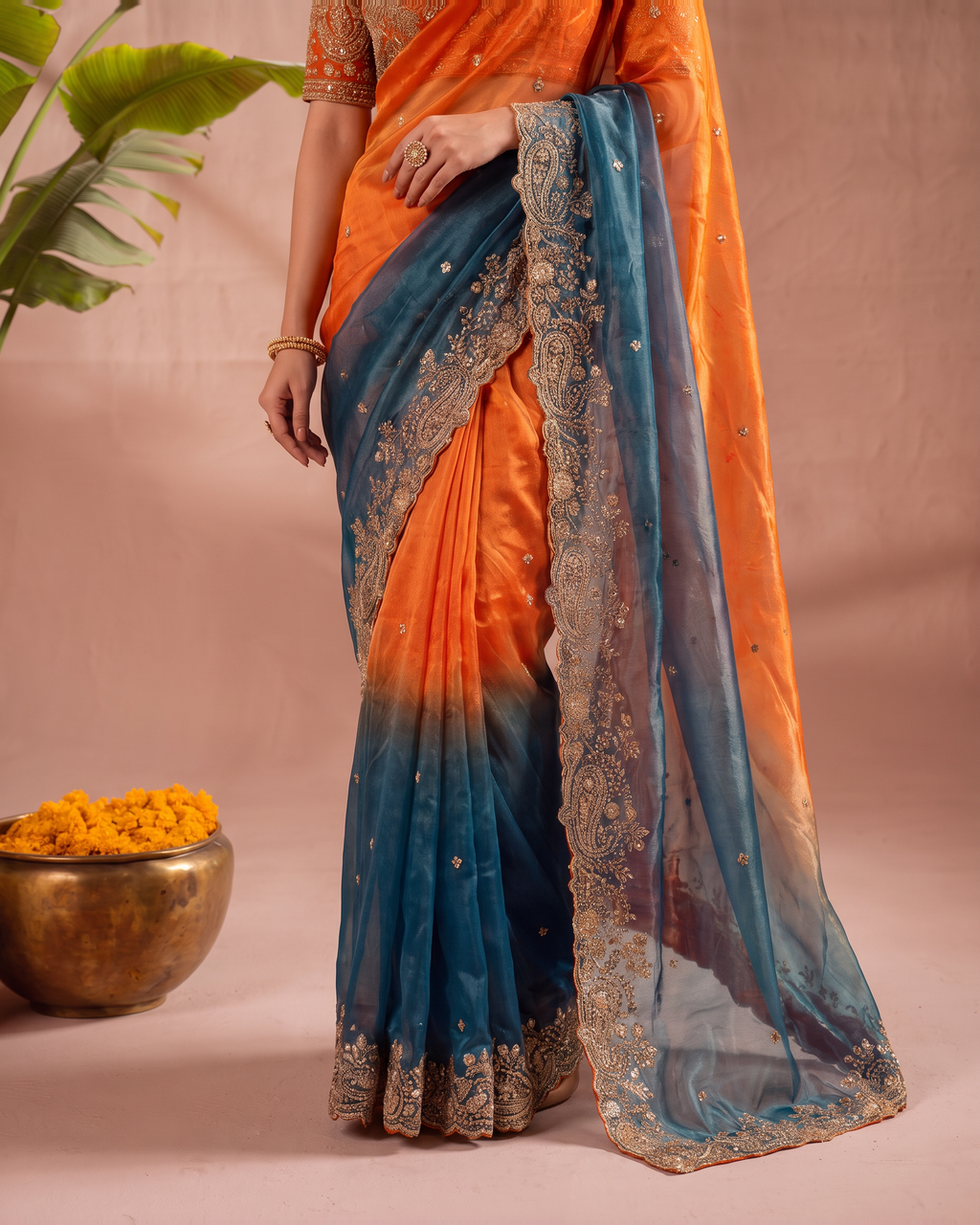 Anaya Mango Pallu Festive Saree with Grand Designer Border - Orange Teal - lower closeup