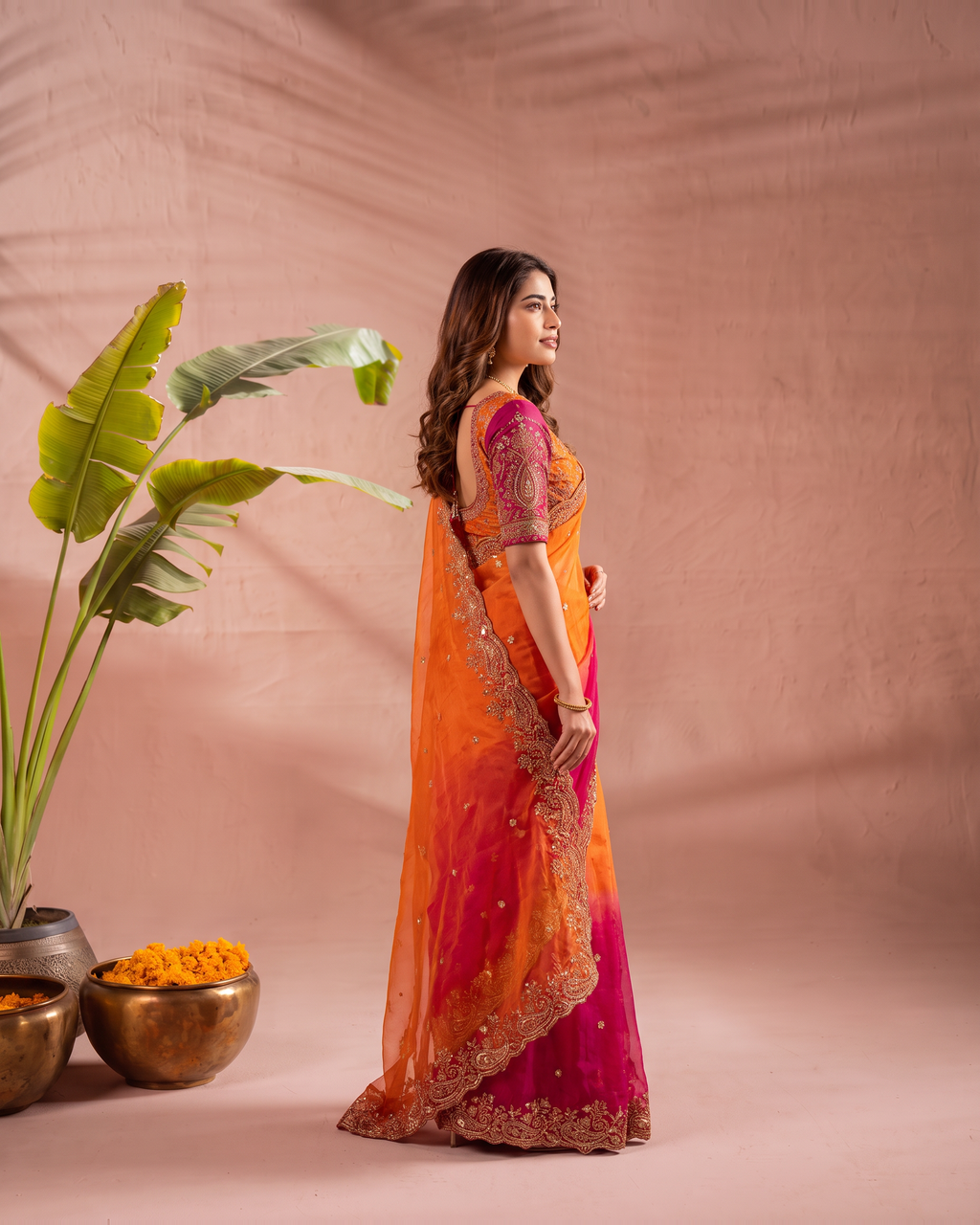 Anaya Mango Pallu Festive Saree with Grand Designer Border - Pink Orange - side