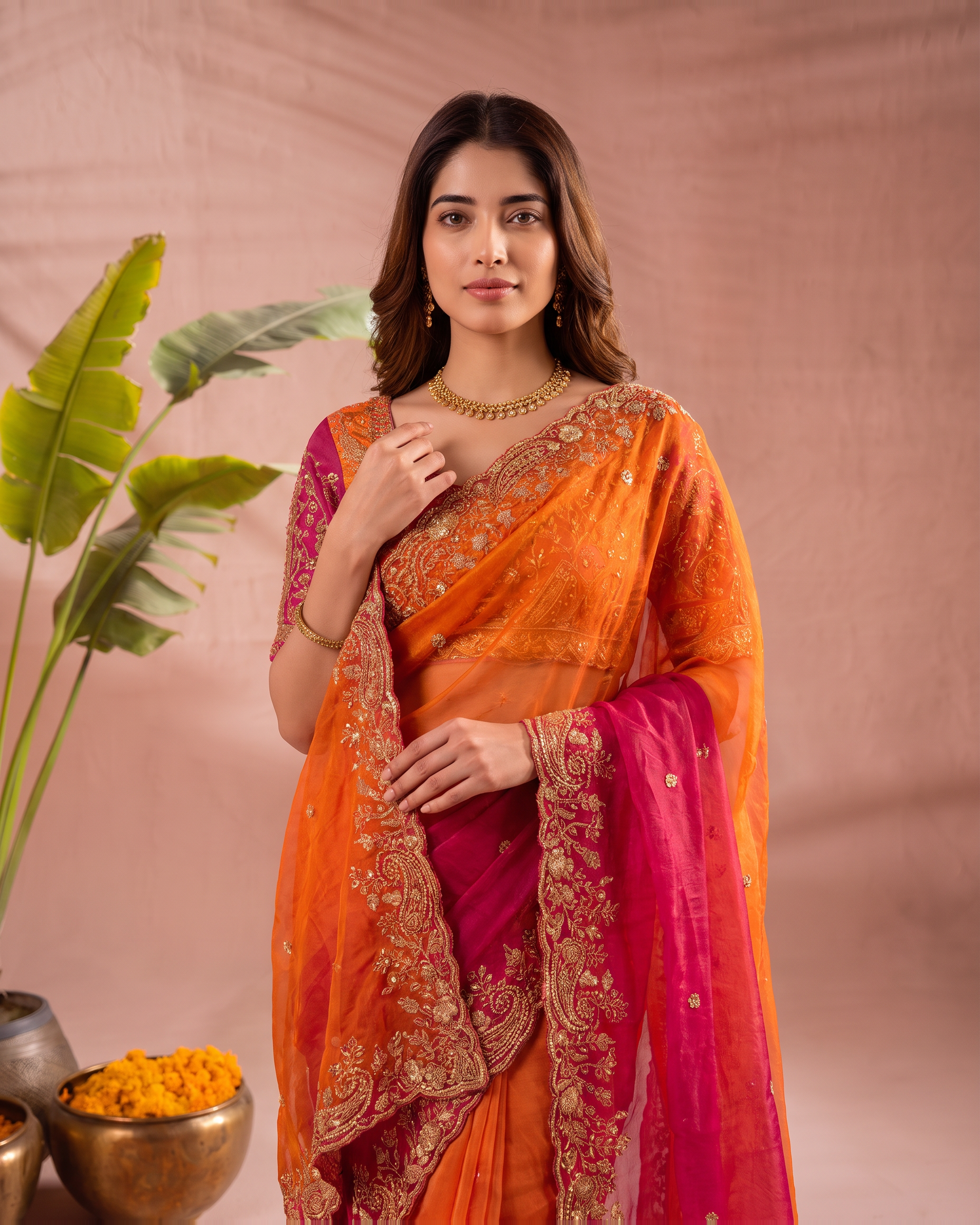 Anaya Mango Pallu Festive Saree with Grand Designer Border - Pink Orange - upper closeup