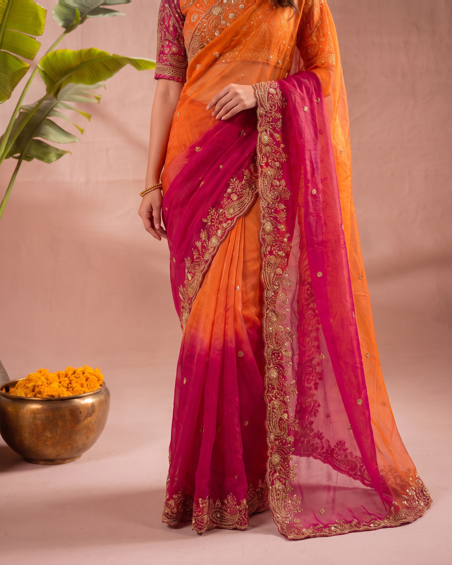 Anaya Mango Pallu Festive Saree with Grand Designer Border - Pink Orange - lower closeup