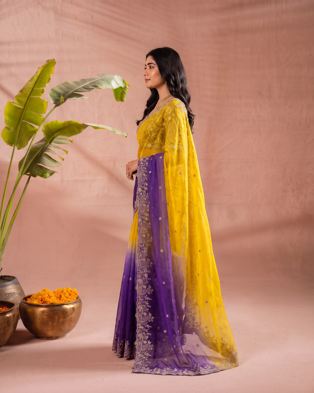 Anaya Mango Pallu Festive Saree with Grand Designer Border - Yellow Purple - side
