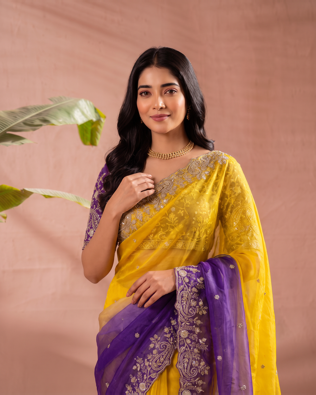 Anaya Mango Pallu Festive Saree with Grand Designer Border - Yellow Purple - upper closeup