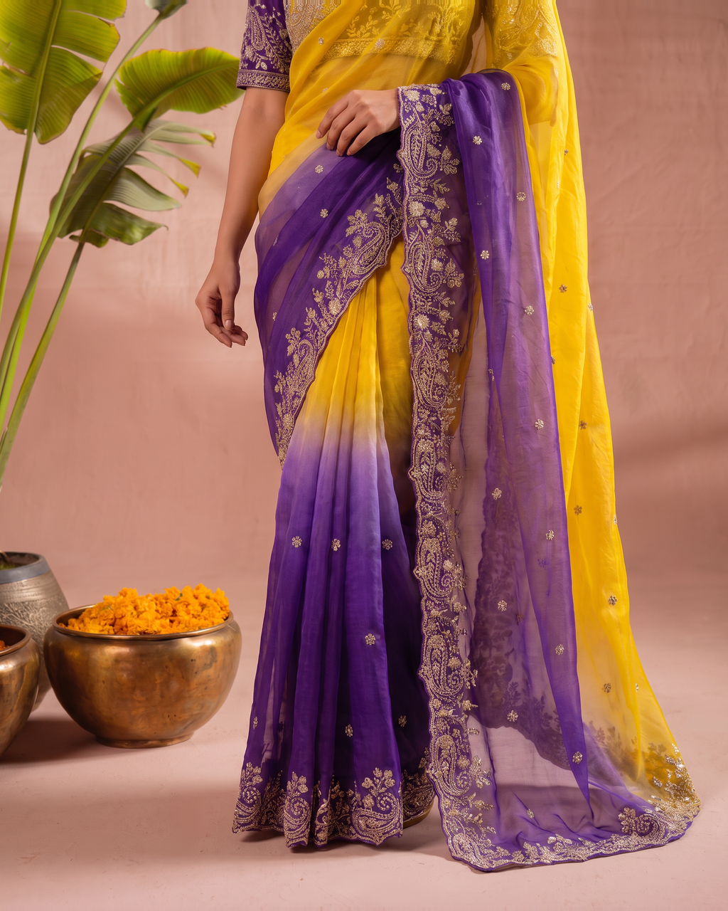 Anaya Mango Pallu Festive Saree with Grand Designer Border - Yellow Purple - lower closeup