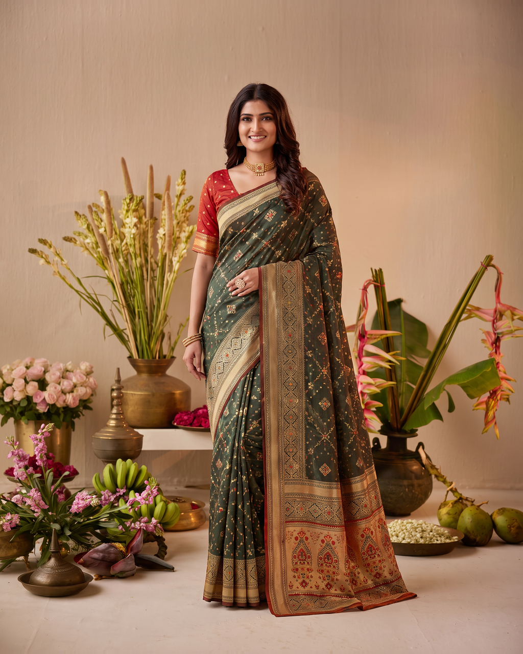 Anindita Diagonal Lattice Zari Silk Saree with Decorative Pallu - Green - full saree hero