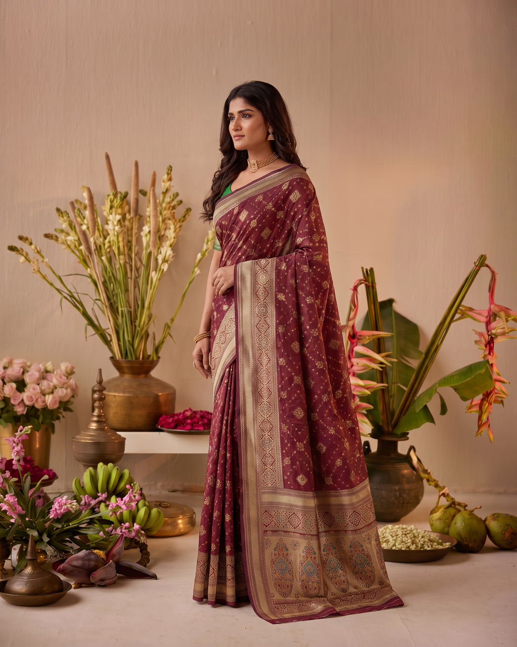 Anindita Diagonal Lattice Zari Silk Saree with Decorative Pallu - Maroon - side