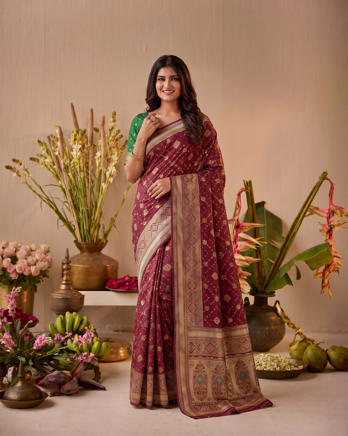 Anindita Diagonal Lattice Zari Silk Saree with Decorative Pallu - Maroon - upper closeup