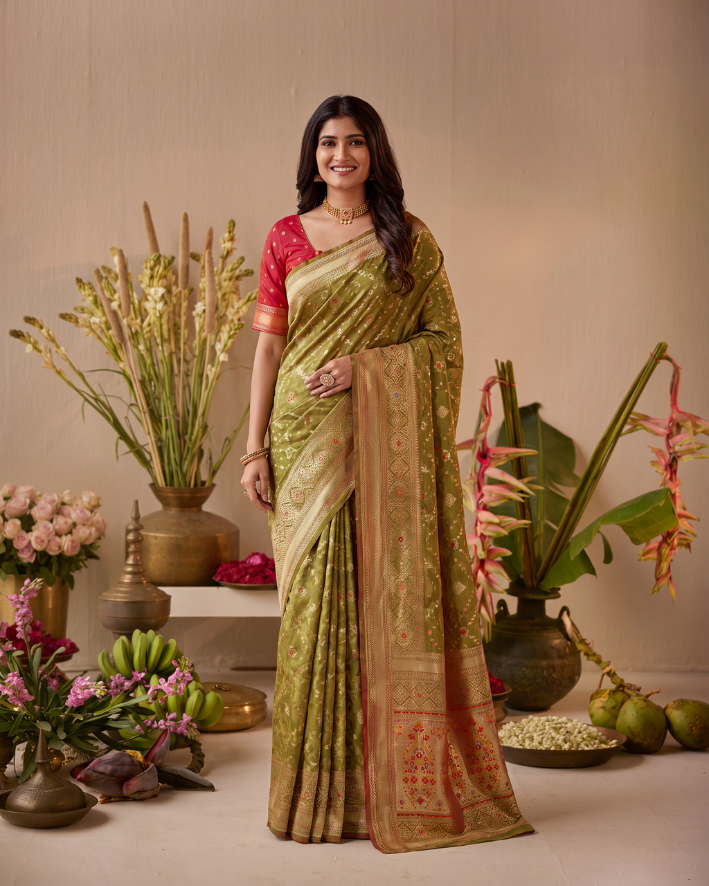 Anindita Diagonal Lattice Zari Silk Saree with Decorative Pallu - Mehndi - full saree hero