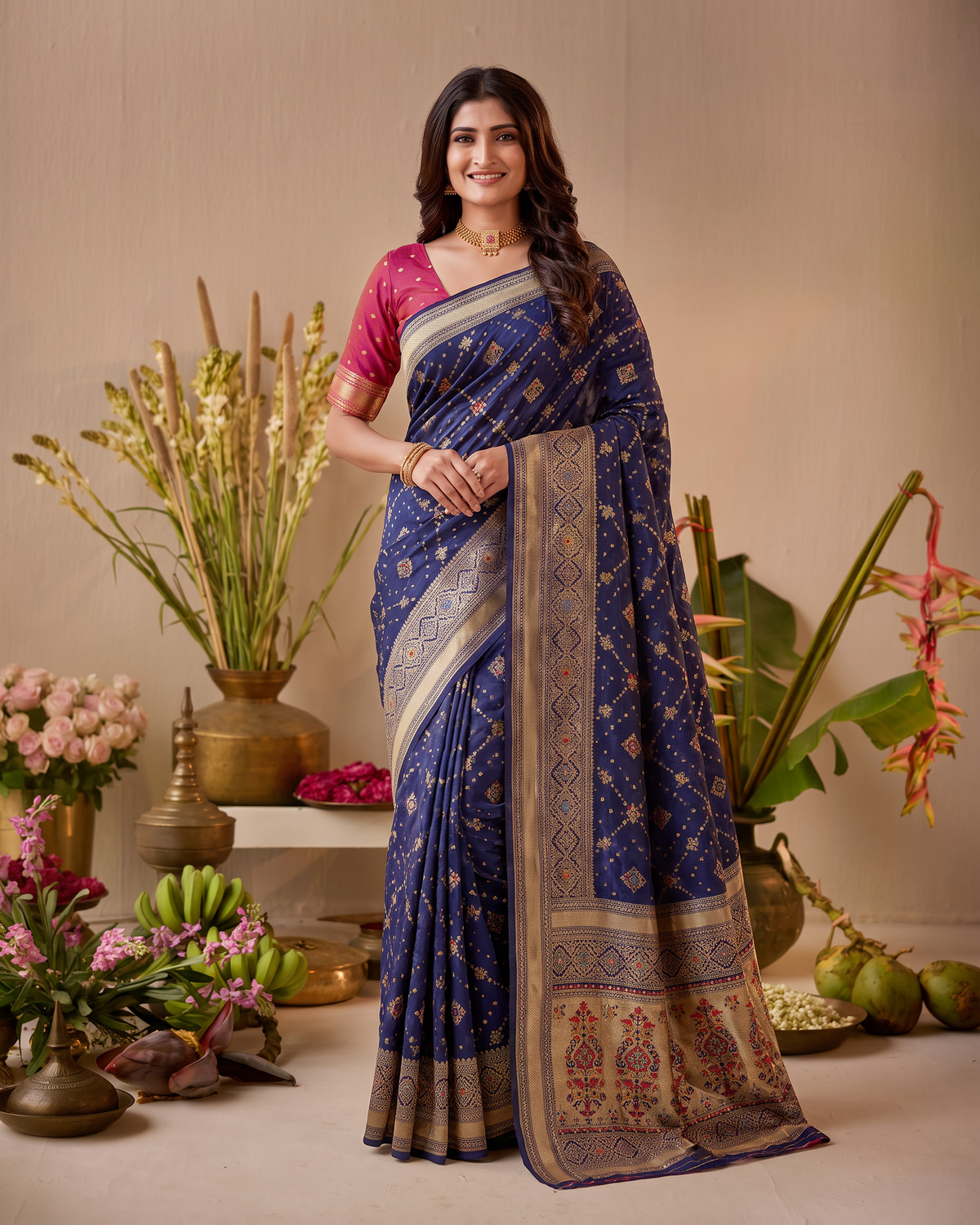 Anindita Diagonal Lattice Zari Silk Saree with Decorative Pallu - Navy Blue - full saree hero