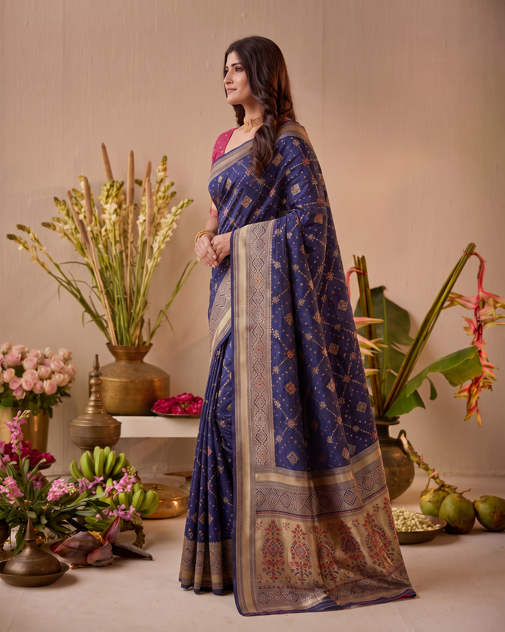 Anindita Diagonal Lattice Zari Silk Saree with Decorative Pallu - Navy Blue - side