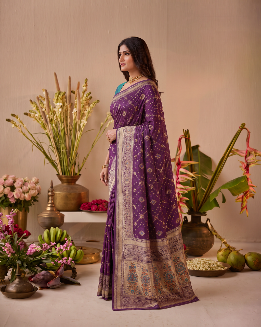 Anindita Diagonal Lattice Zari Silk Saree with Decorative Pallu - Purple - side