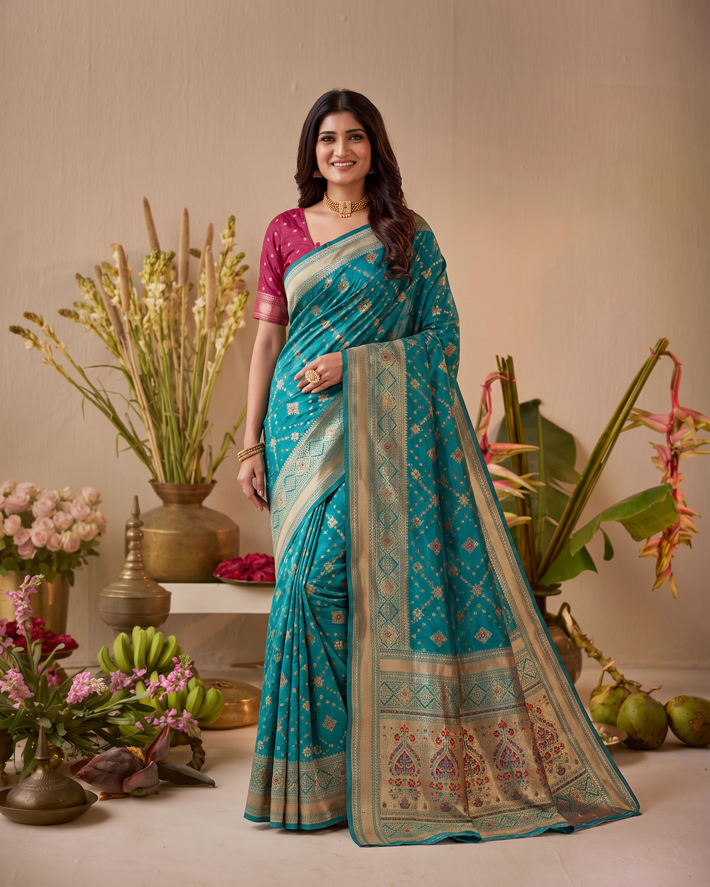 Anindita Diagonal Lattice Zari Silk Saree with Decorative Pallu - Rama - full saree hero