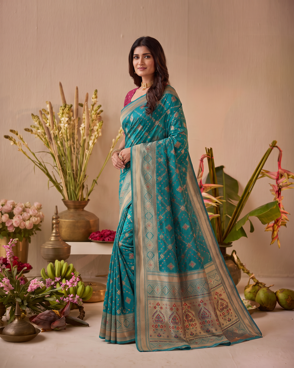 Anindita Diagonal Lattice Zari Silk Saree with Decorative Pallu - Rama - side