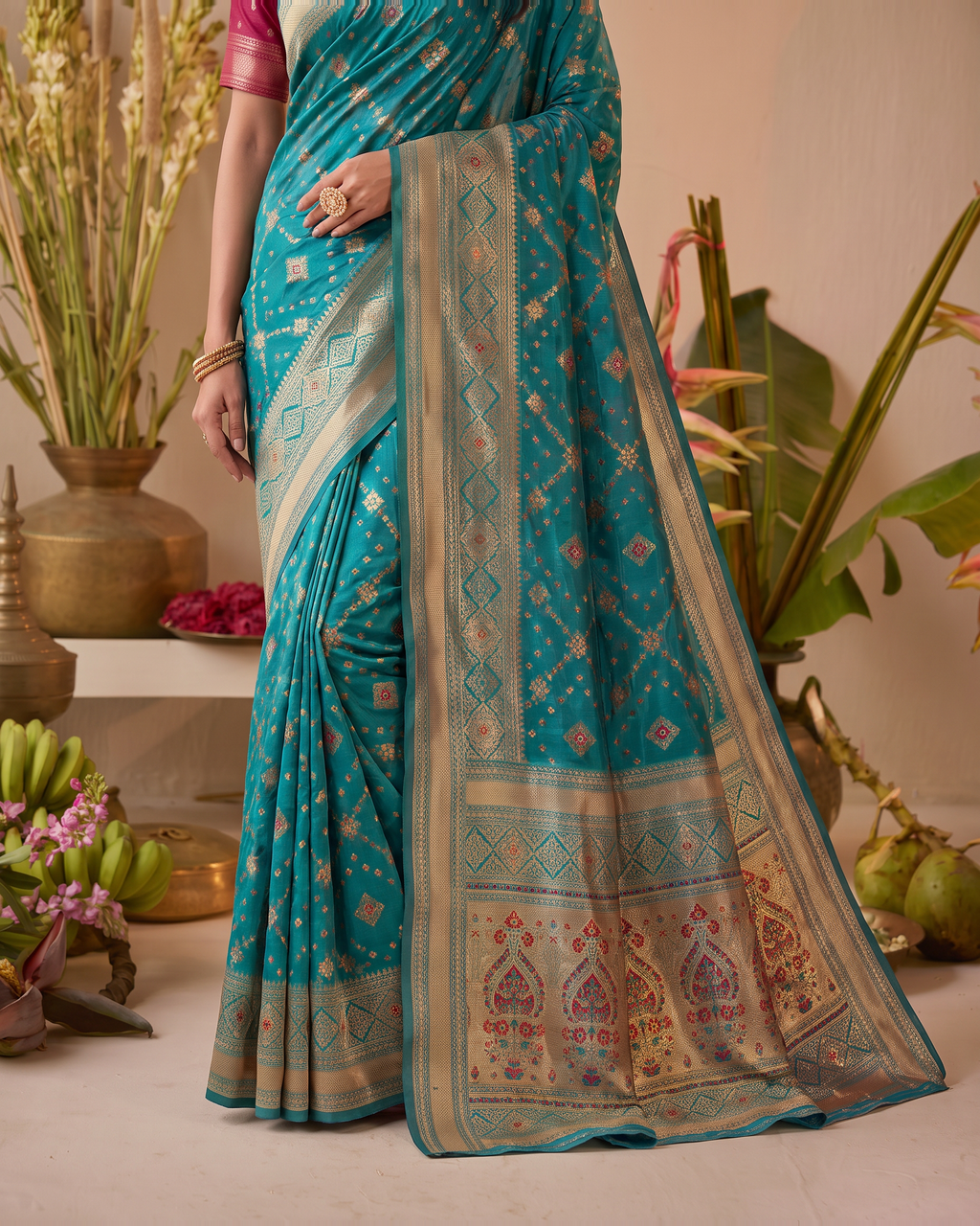 Anindita Diagonal Lattice Zari Silk Saree with Decorative Pallu - Rama - lower closeup