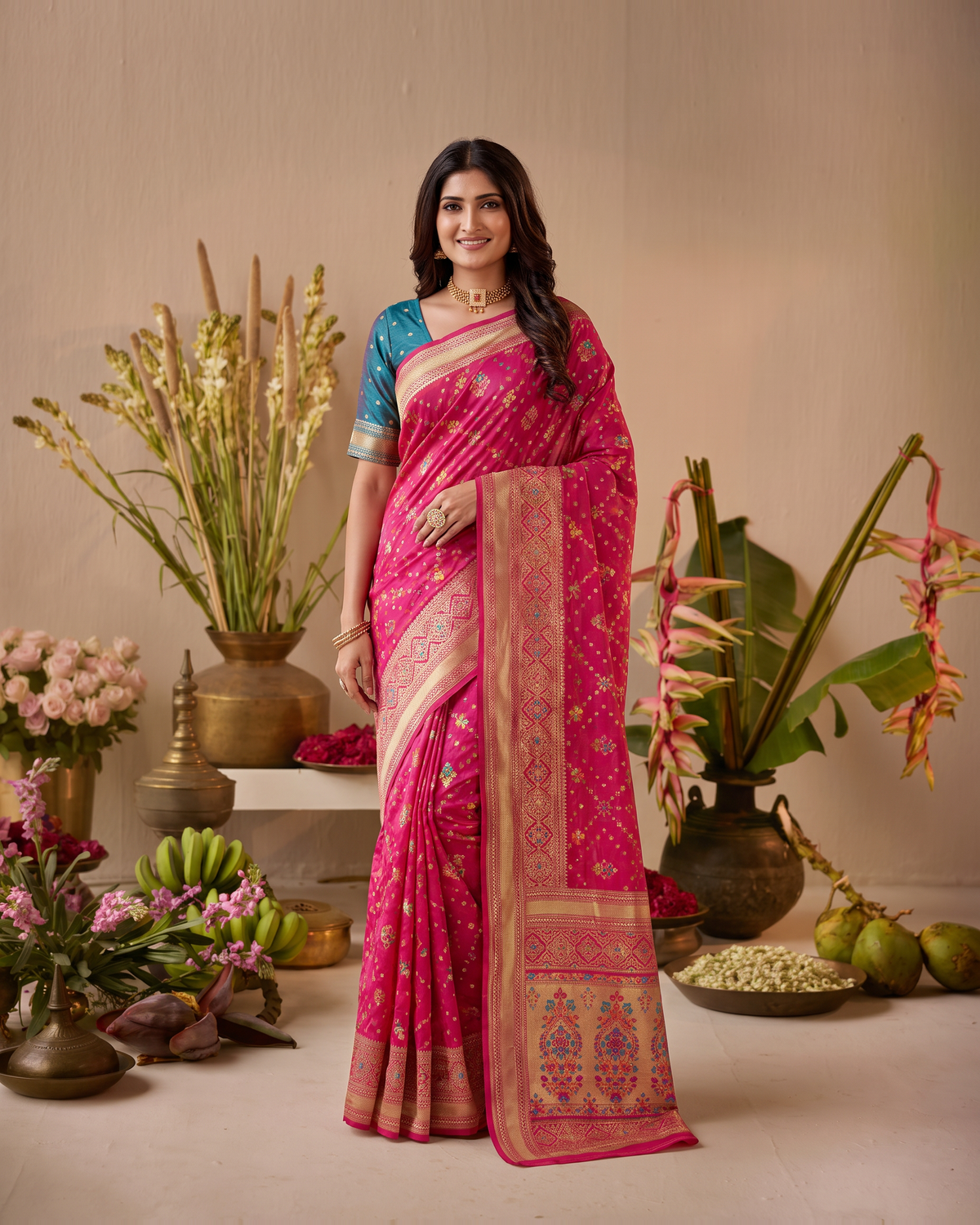 Anindita Diagonal Lattice Zari Silk Saree with Decorative Pallu - Rani - full saree hero