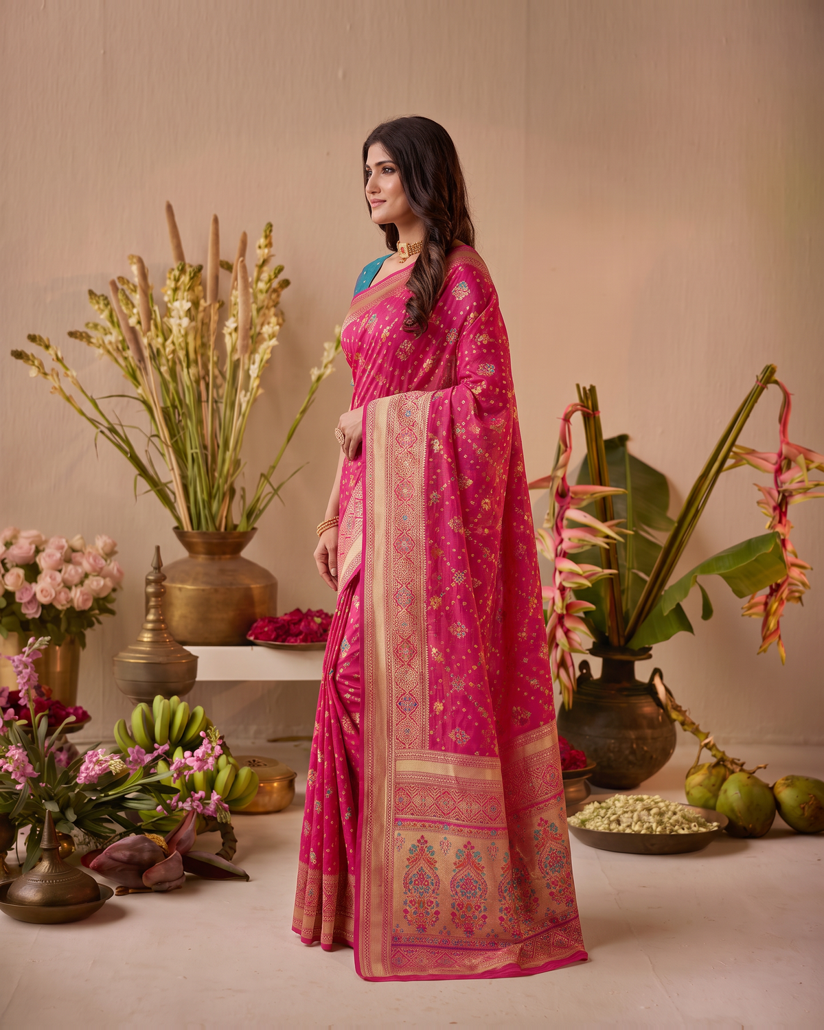 Anindita Diagonal Lattice Zari Silk Saree with Decorative Pallu - Rani - side
