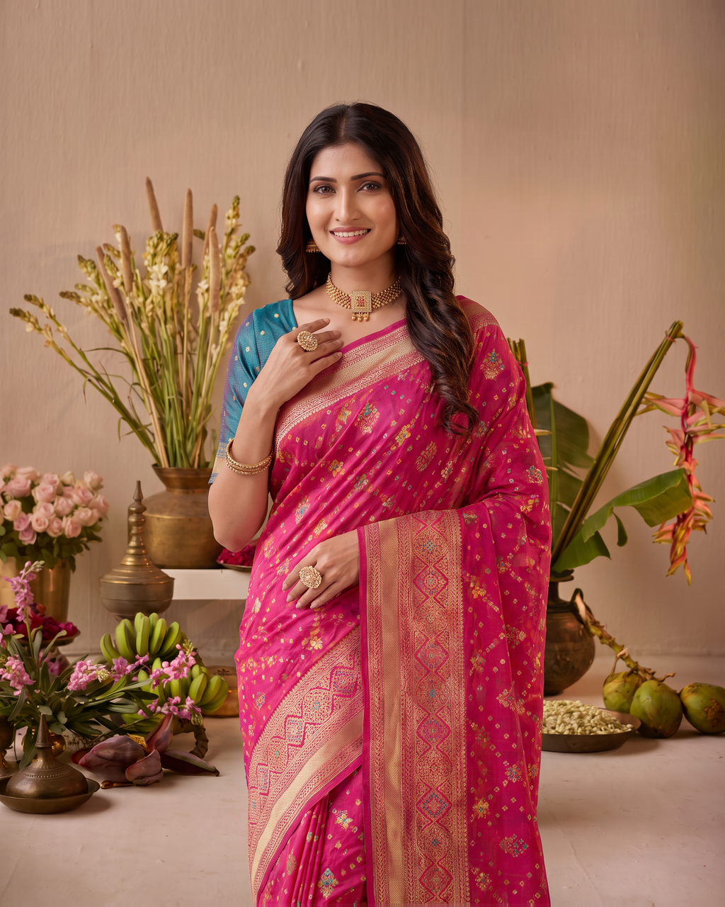 Anindita Diagonal Lattice Zari Silk Saree with Decorative Pallu - Rani - upper closeup