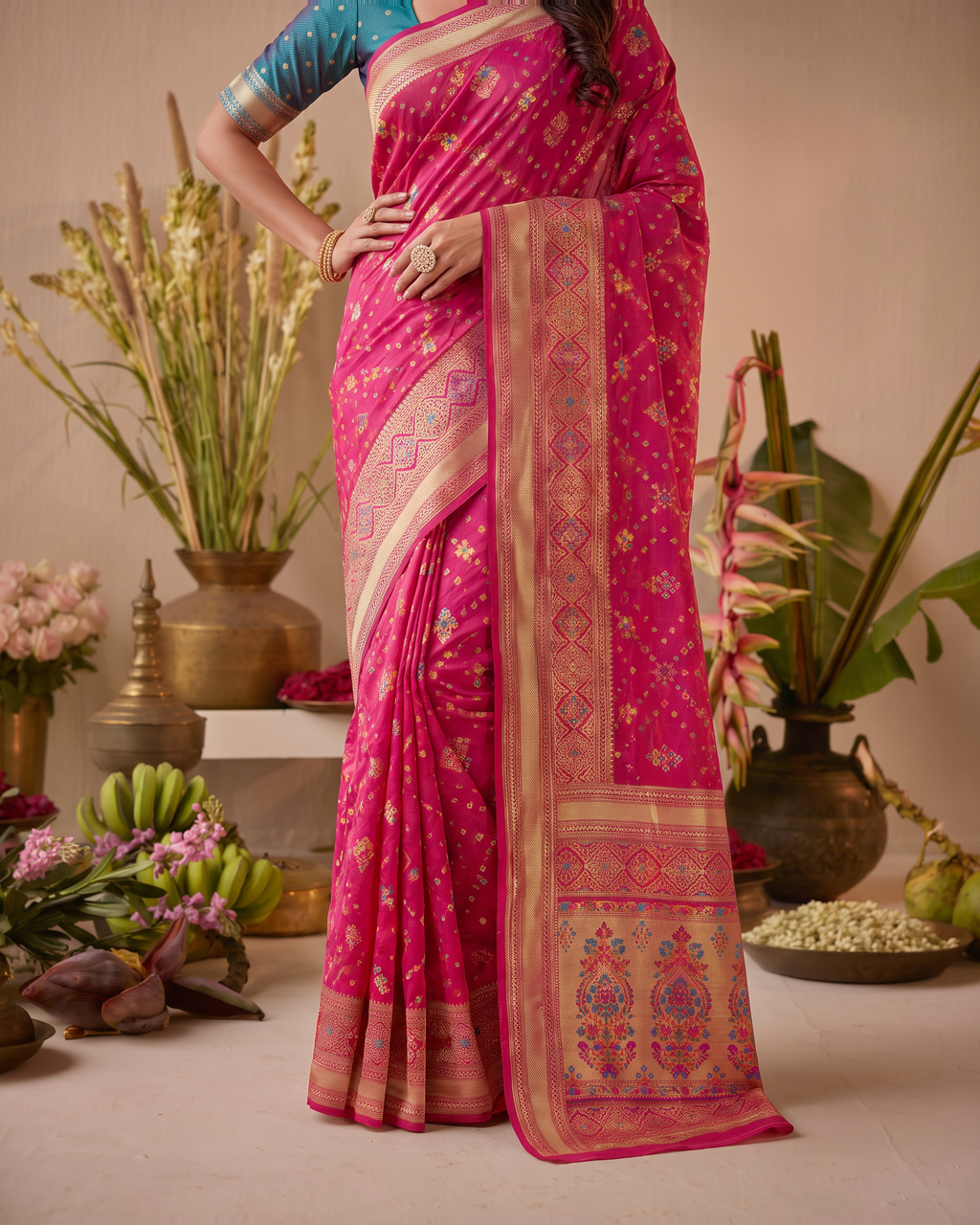 Anindita Diagonal Lattice Zari Silk Saree with Decorative Pallu - Rani - lower closeup