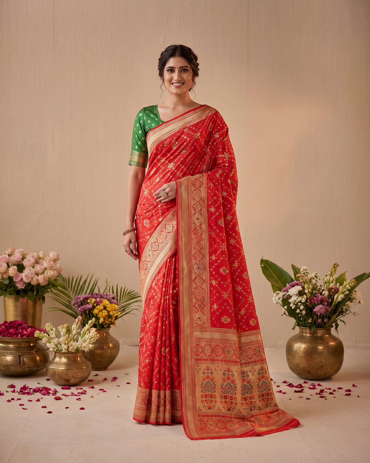 Anindita Diagonal Lattice Zari Silk Saree with Decorative Pallu - Red - full saree hero