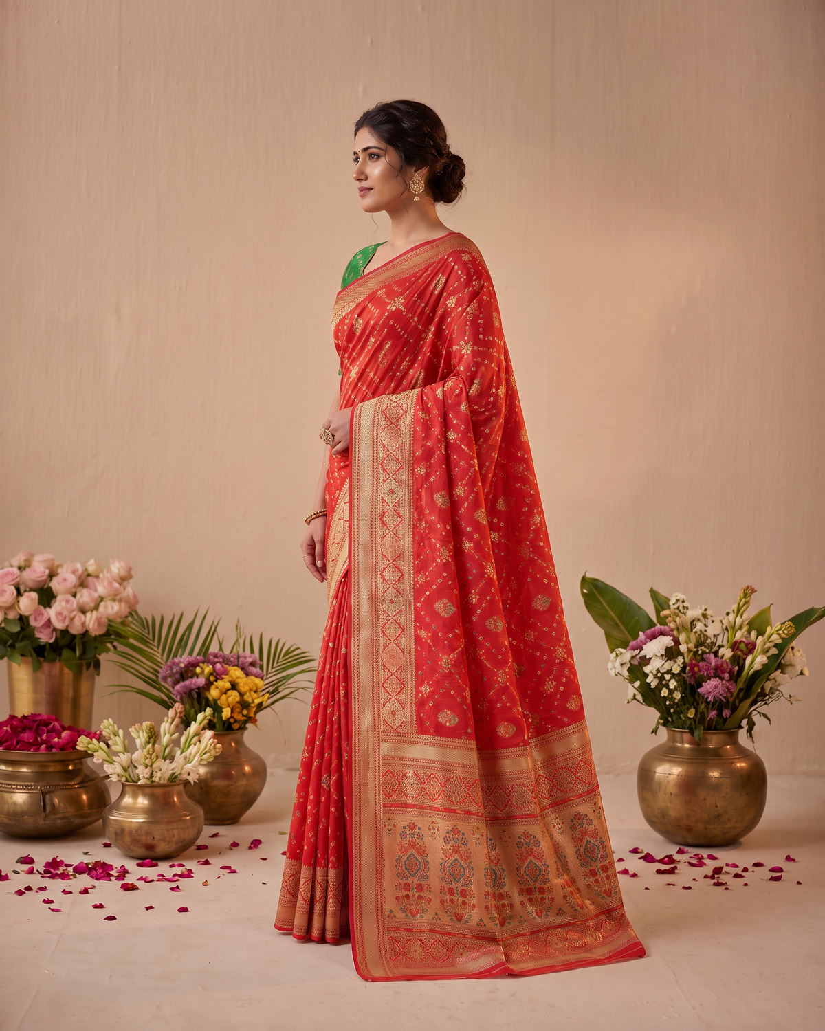 Anindita Diagonal Lattice Zari Silk Saree with Decorative Pallu - Red - side