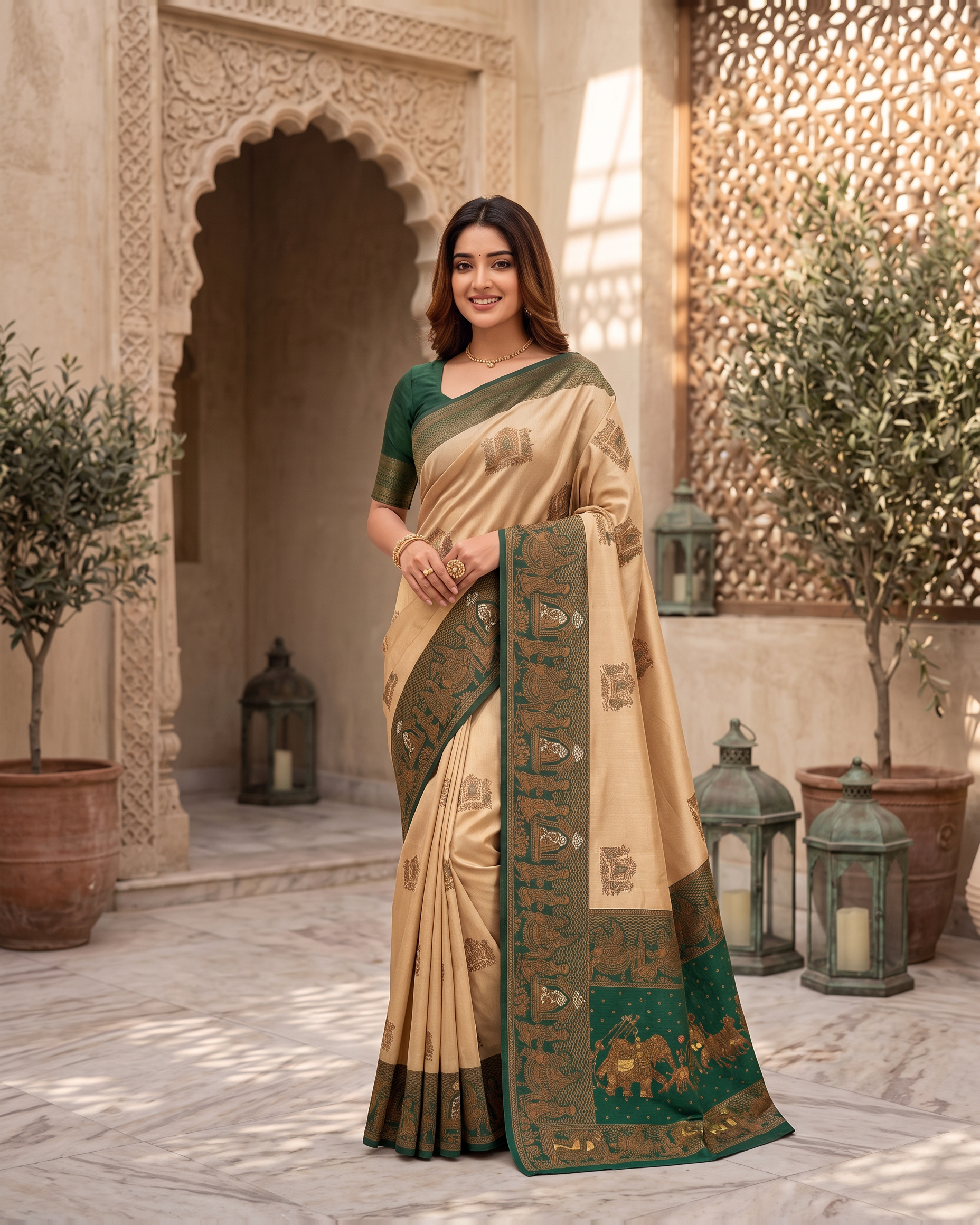 Anokhi Pastel Contrast Festive Saree with Designer Drape - Beige Green - full saree hero